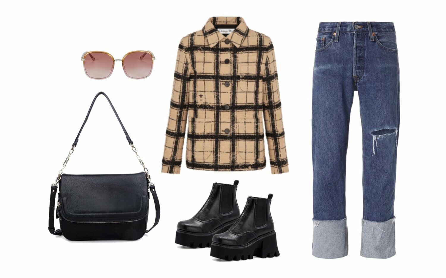 Dark-wash jeans, checkered jacket, square platform boots