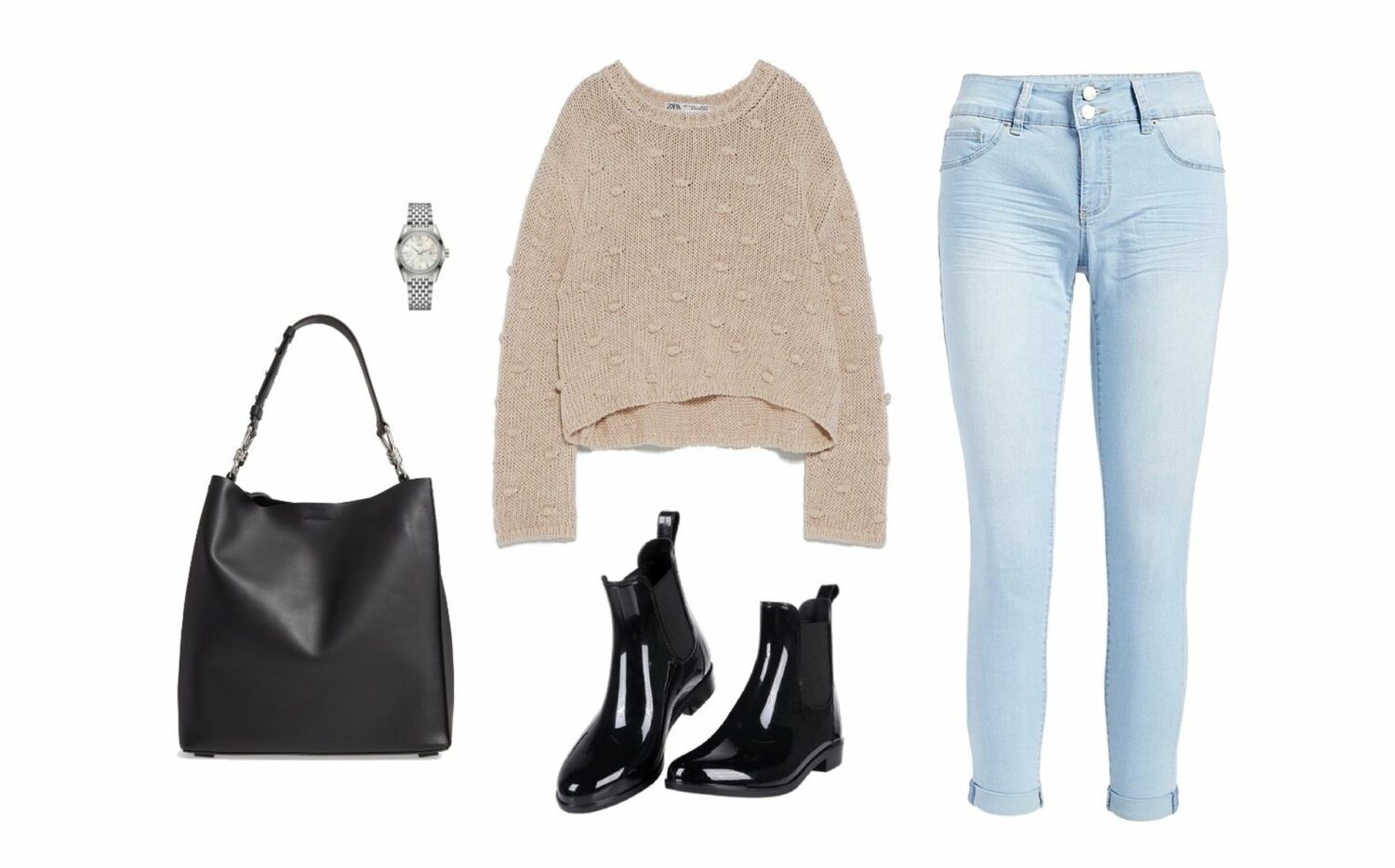 High-waist button-up jeans, cropped sweater with tassels, short rain boots