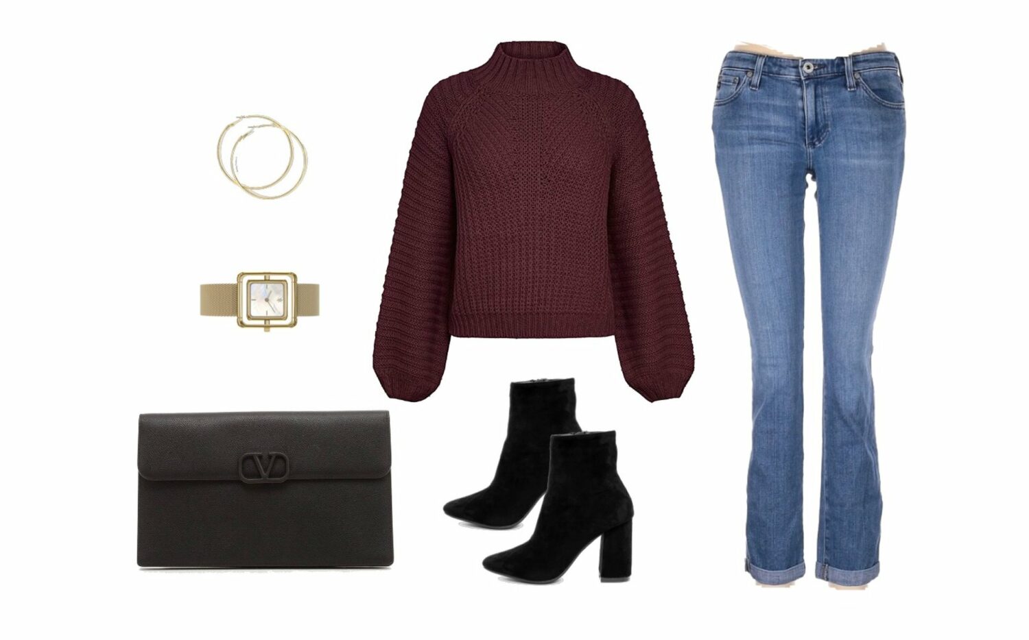 Medium-wash jeans, cable-knit sweater, pointed-toe suede boots