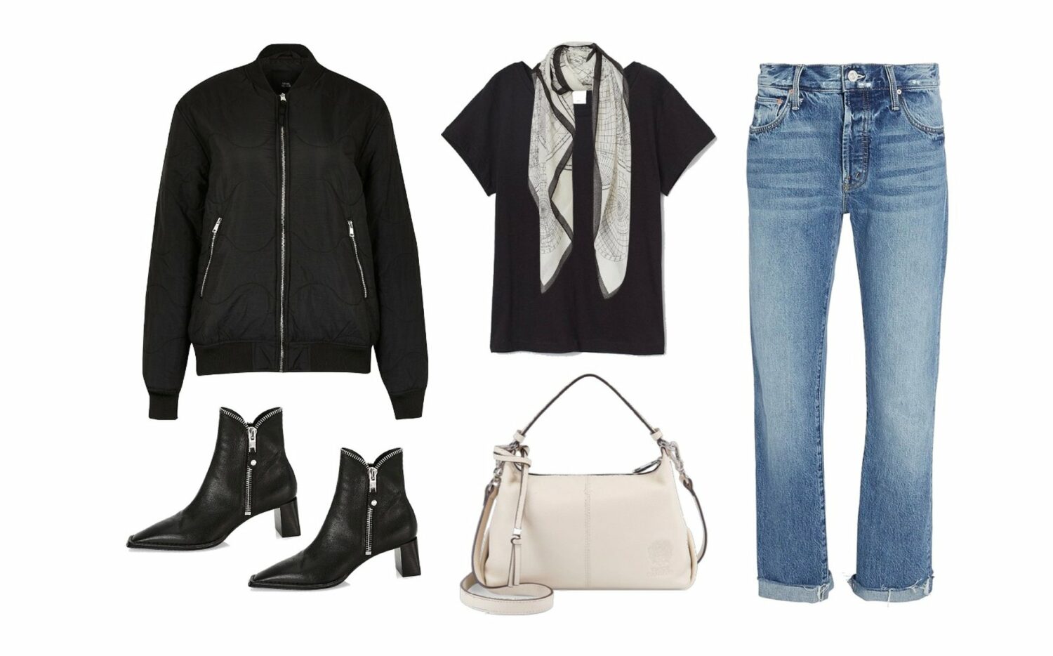 How to cuff jeans with boots - Medium-washed jeans, bomber jacket, long-printed scarf