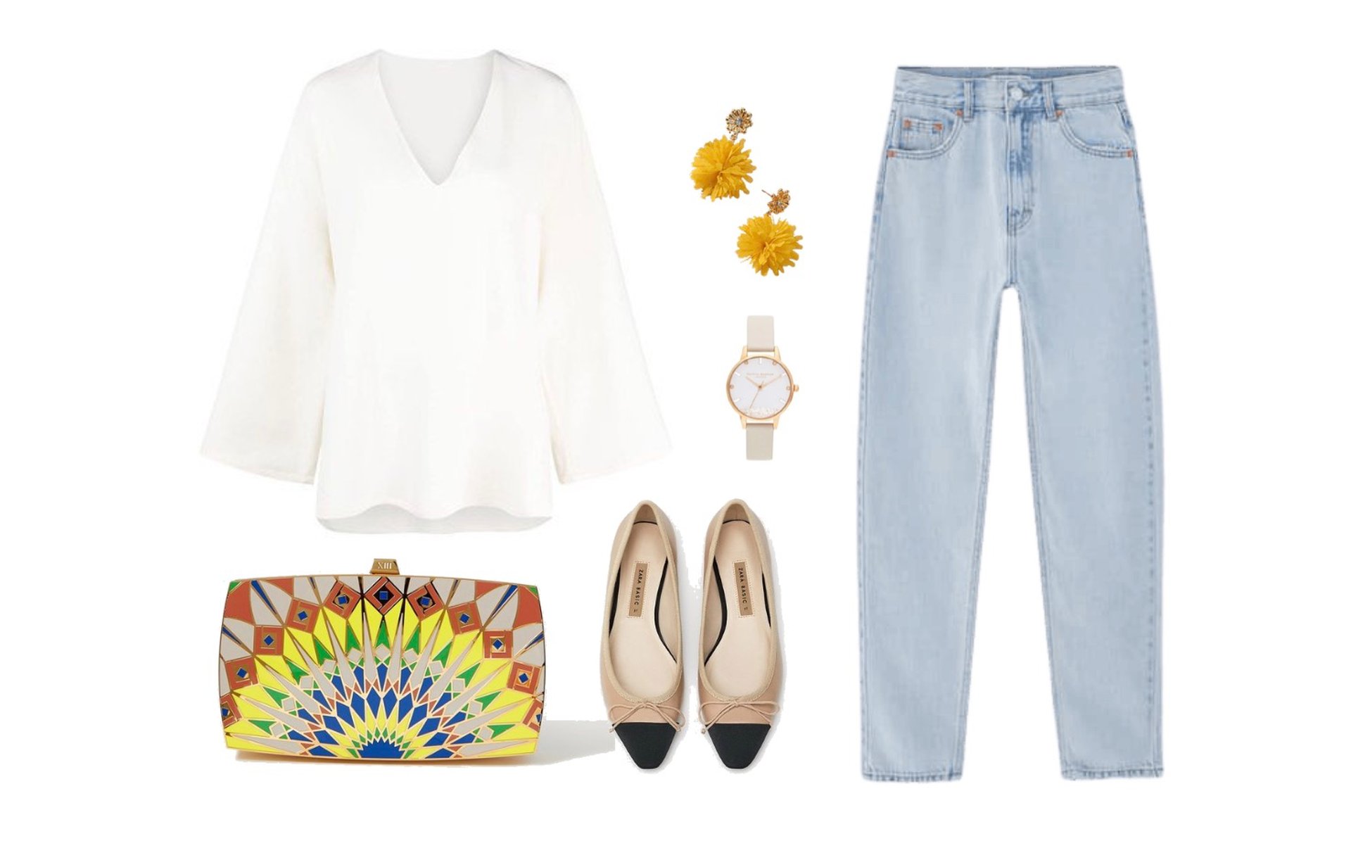 Bell sleeve blouse, light-washed jeans