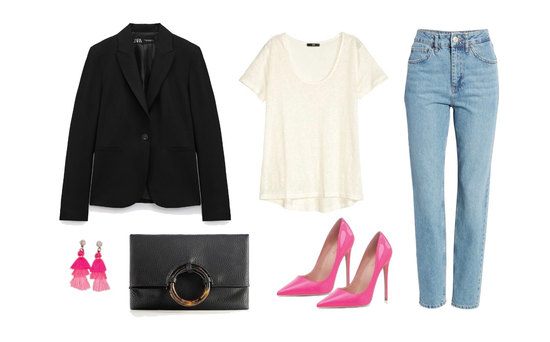 Black blazer, high-waist mom jeans, accent shoes