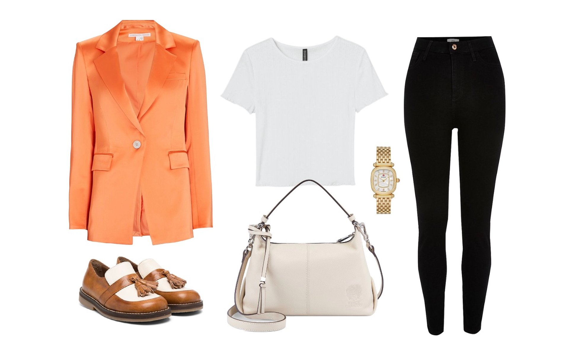 Bright color blazer, white t-shirt, skinny jeans