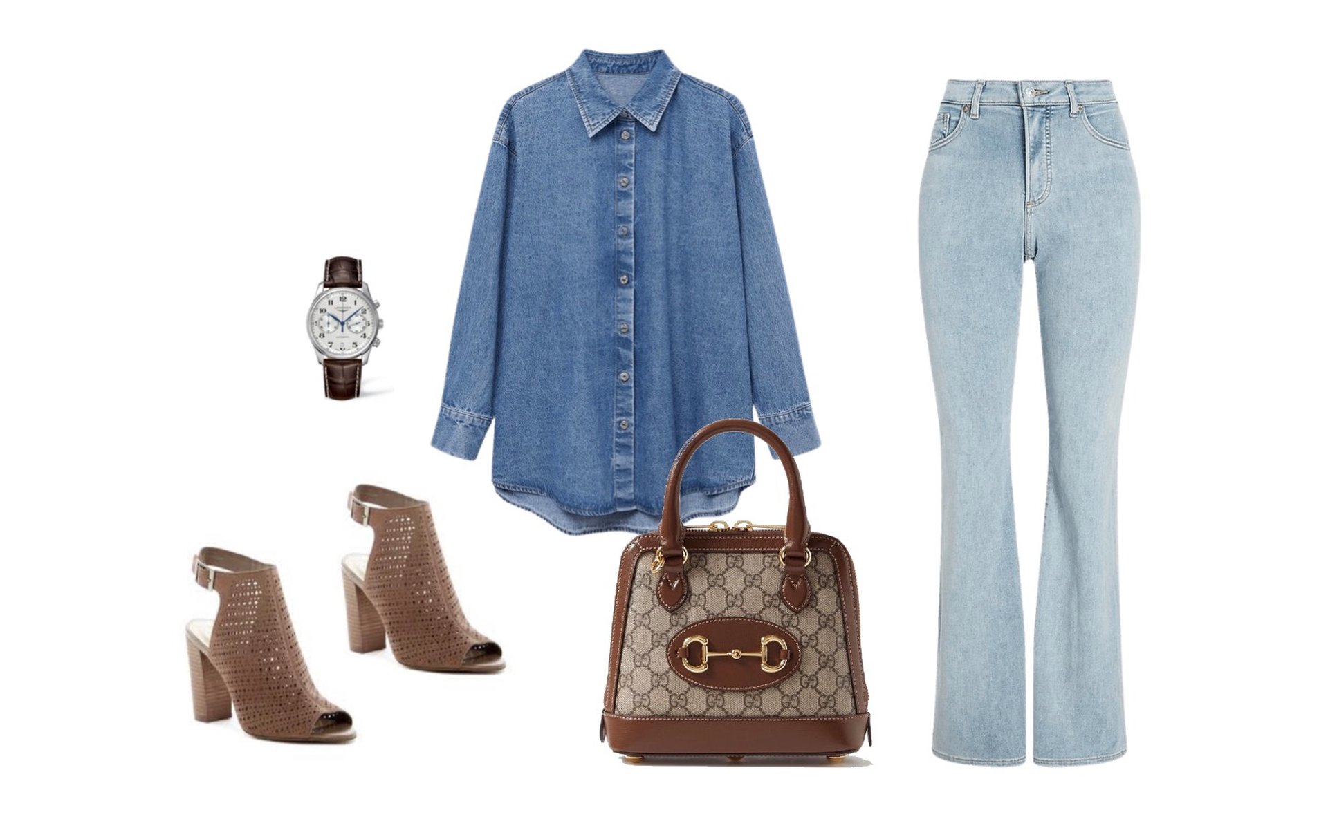 Denim shirt (Long-sleeved and cuffed), high-waist flare jeans, open-toe heels