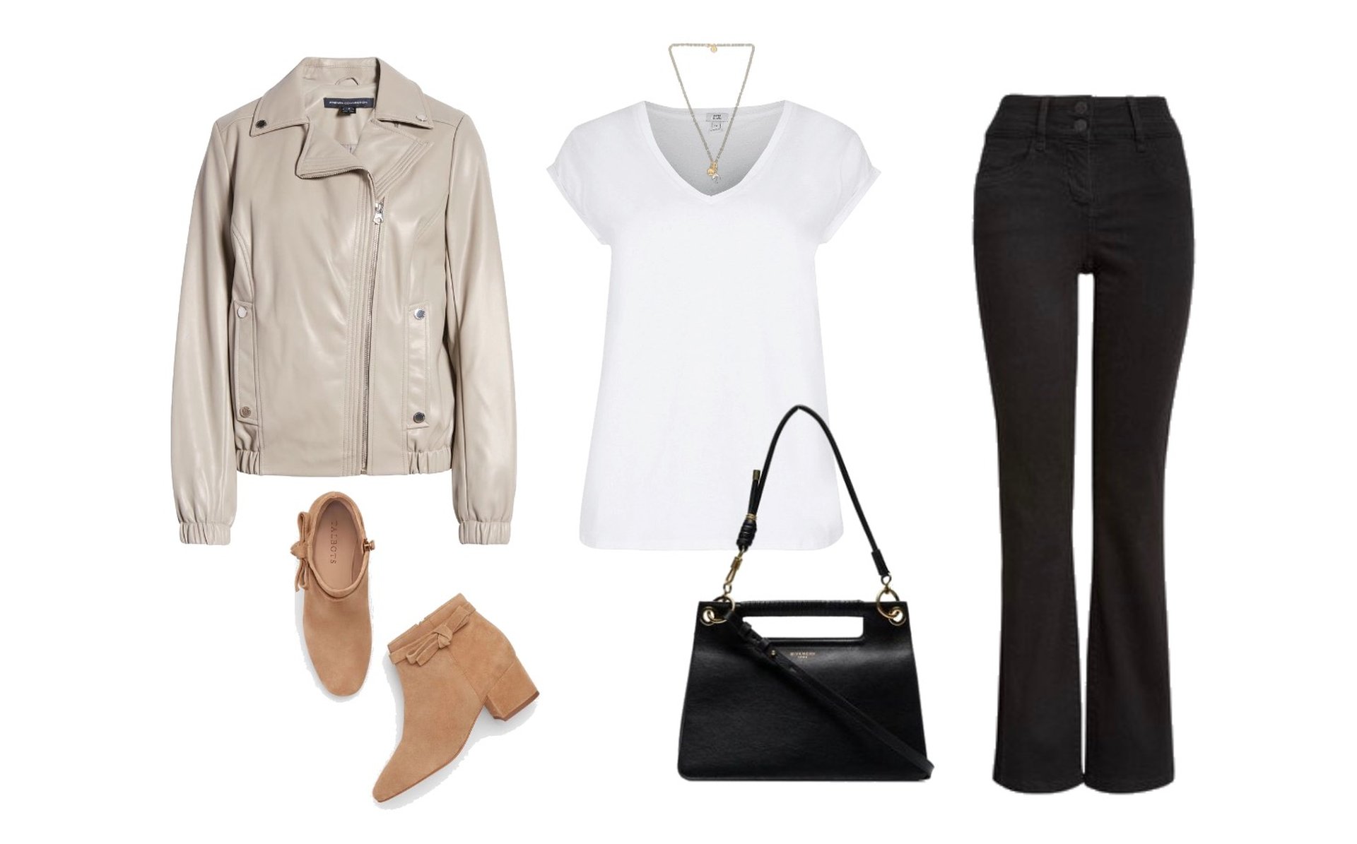 Motorcycle jacket, white t-shirt, cropped jeans, ankle boots