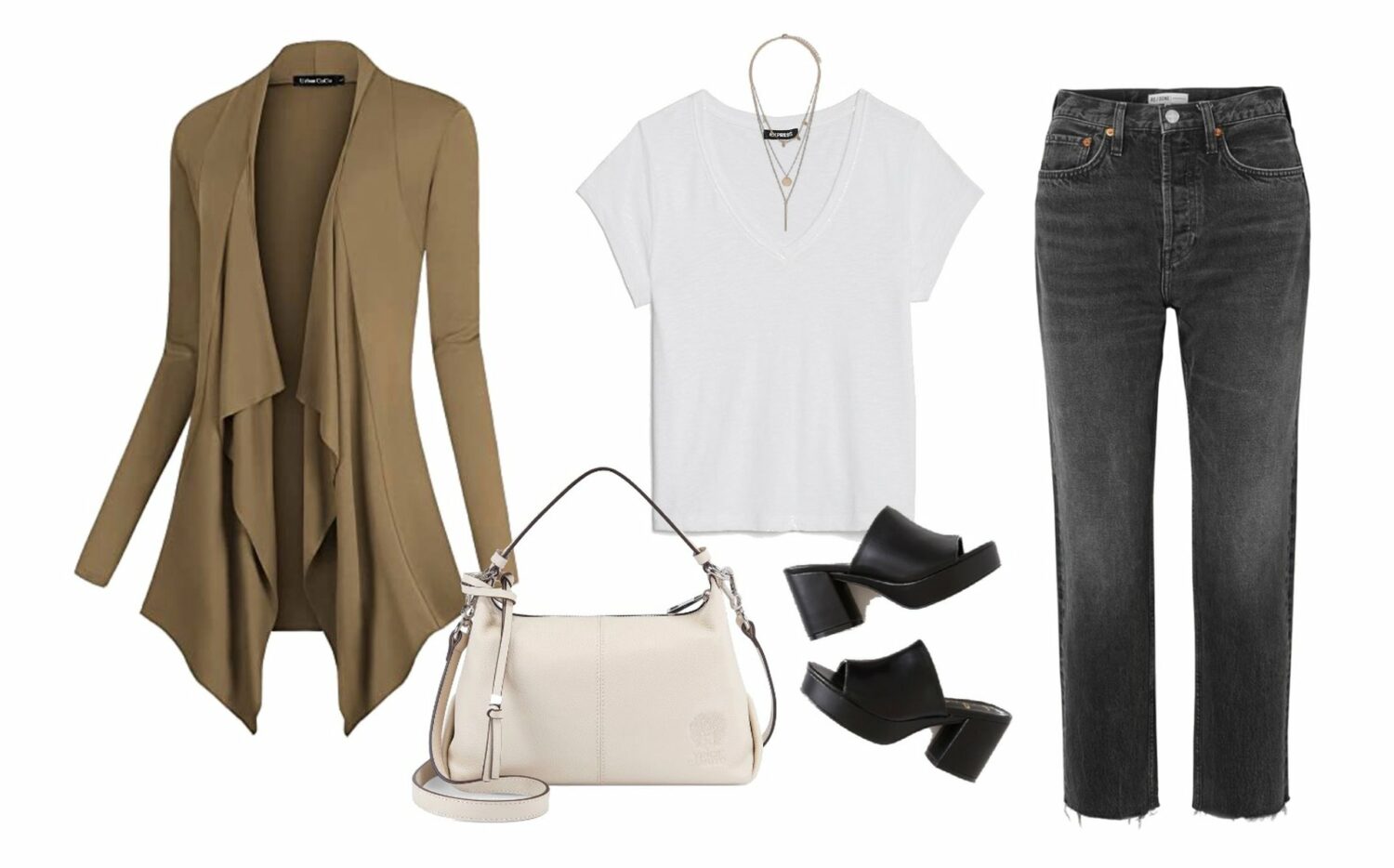 Cardigan, t-shirt, open-toe mules, straight-leg jeans