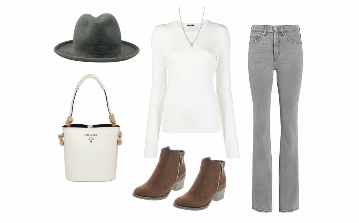 Long sleeve tee, bootcut jeans, fedora, booties