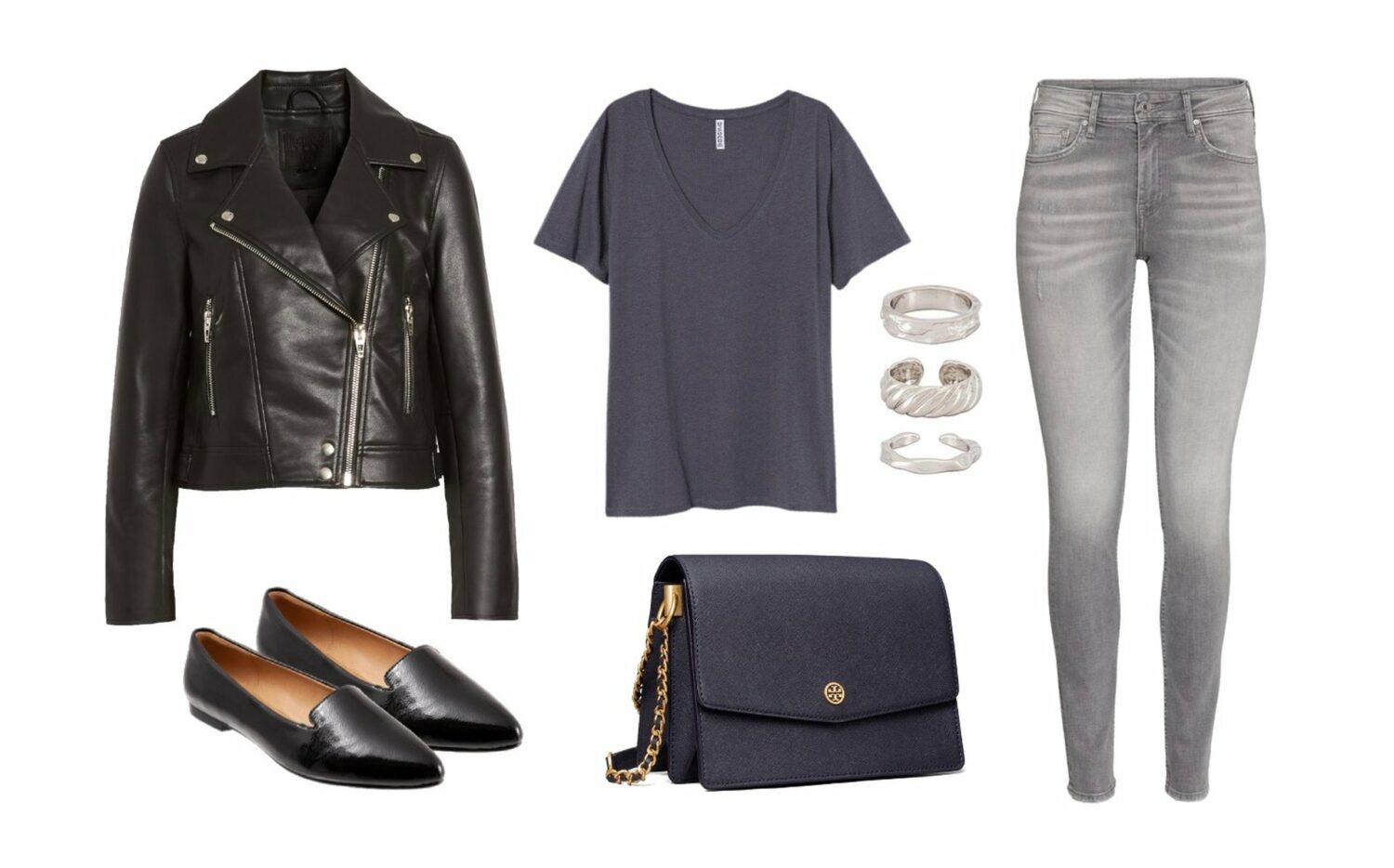 How to style grey jeans - Moto jacket, v-neck t-shirt, skinny jeans