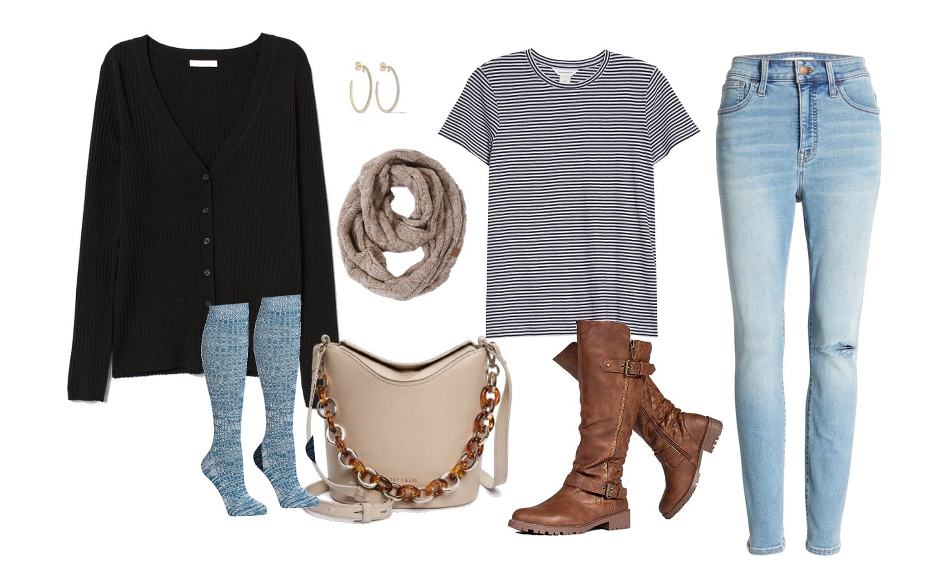 Buttoned cardigan, striped t-shirt, light-wash jeans, riding boots