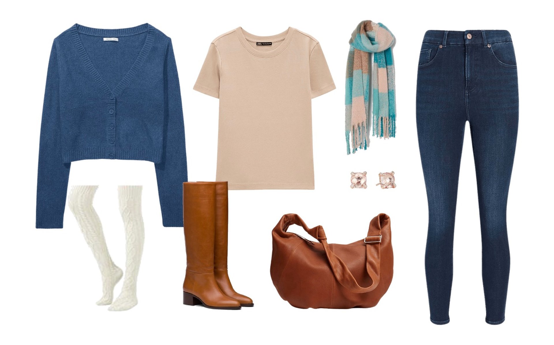 Cropped cardigan, t-shirt, dark-wash jeans, camel color boots