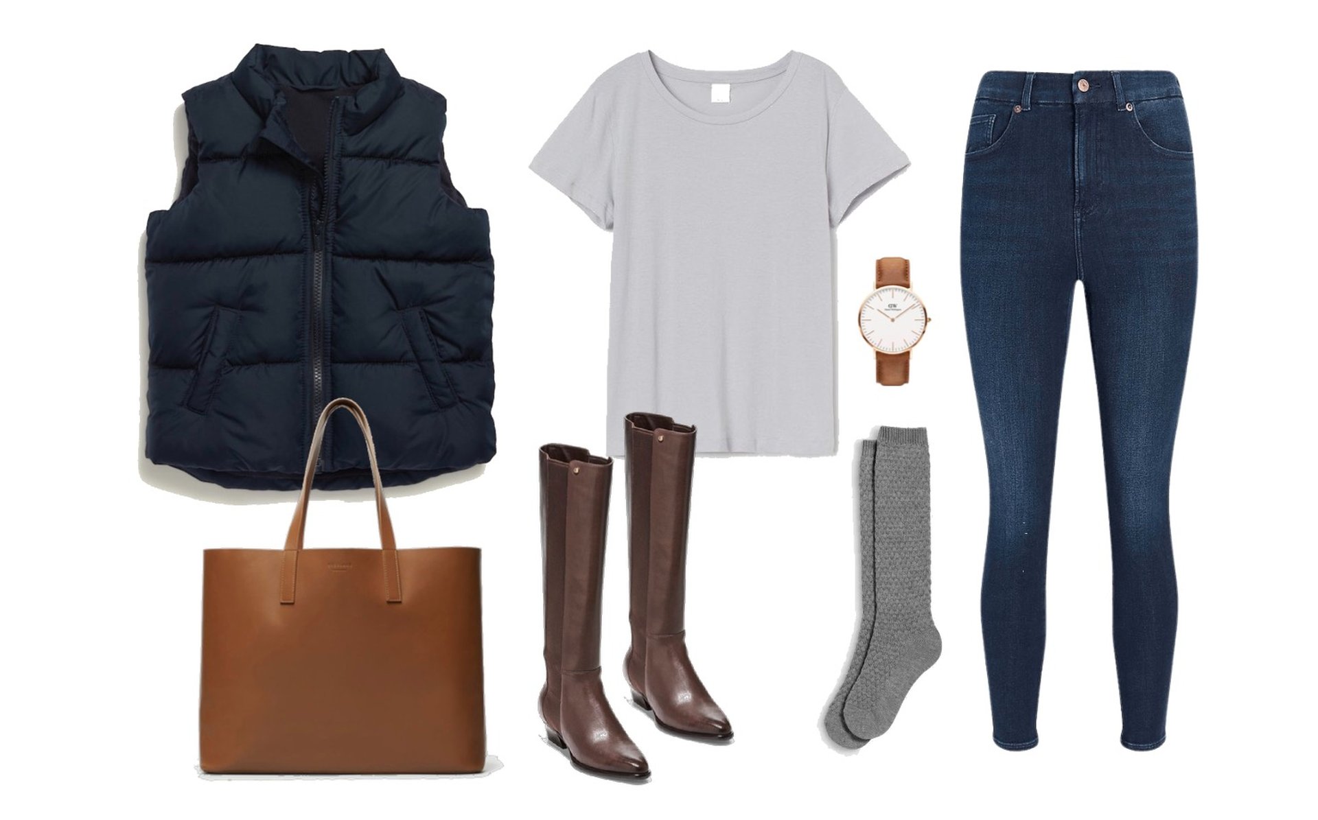 Dark-wash jeans, brown knee-high boots, grey t-shirt, blue puffer vest