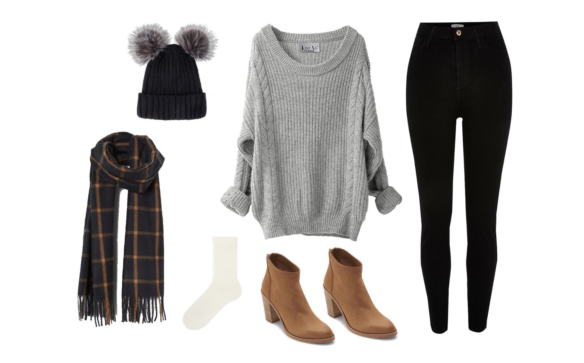 How to wear boot socks with jeans - long sweater, plaid scarf, light-wash destroyed jeans, tassel hat