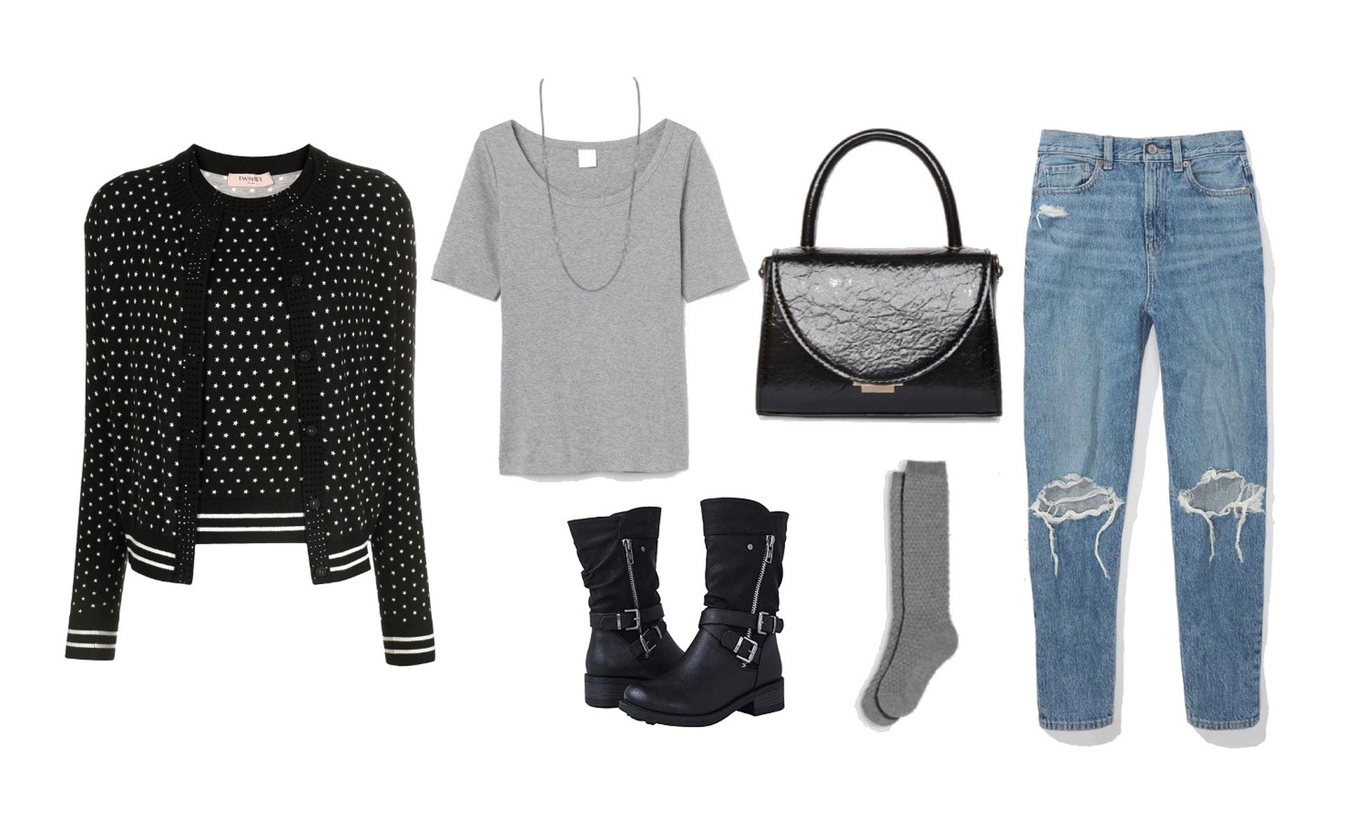 Printed cardigan, t-shirt, medium-wash jeans, black boots 