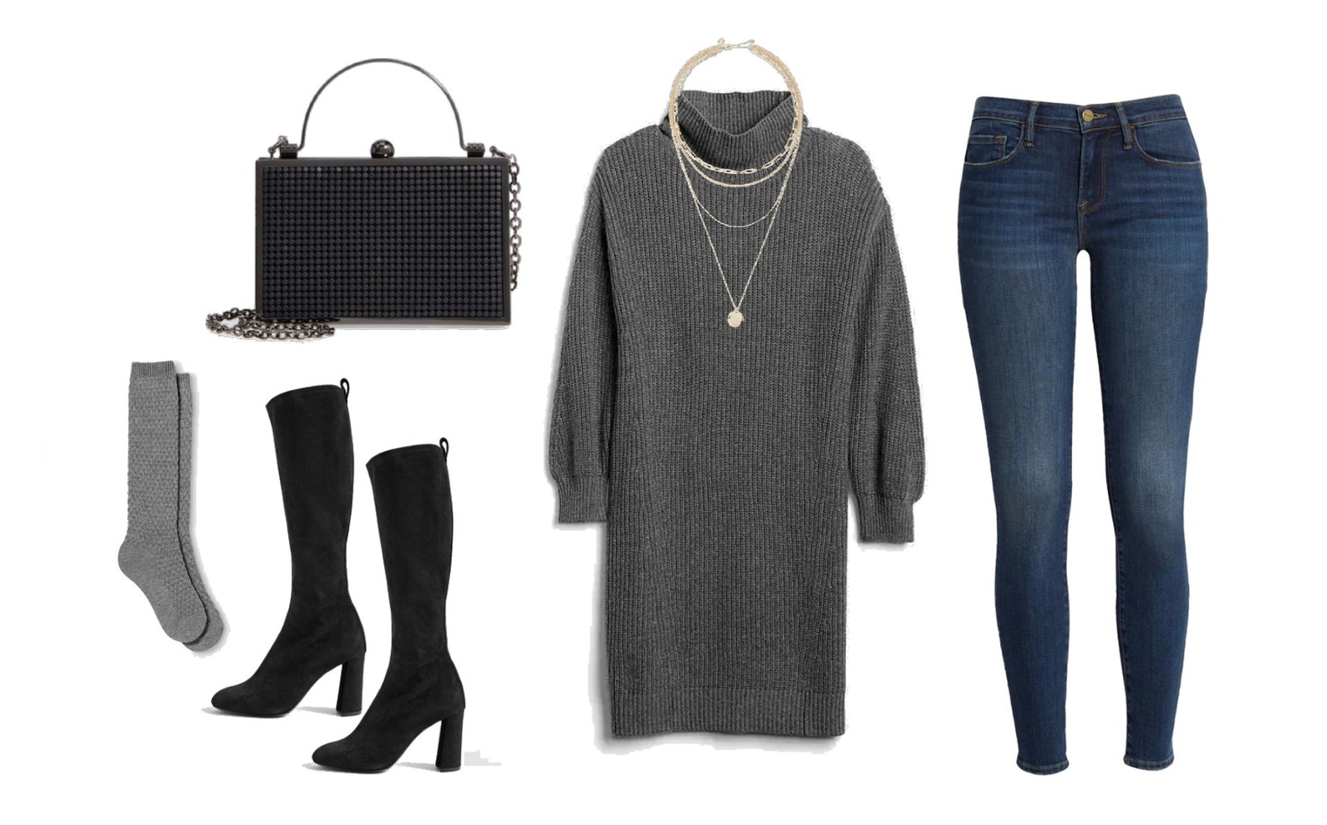 Sweater dress, dark-wash jeans, knee-high black boots