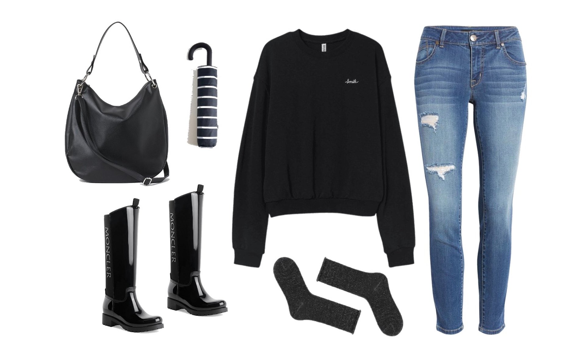 Sweater, mid-wash jeans, rain boots, shoulder strap handbag