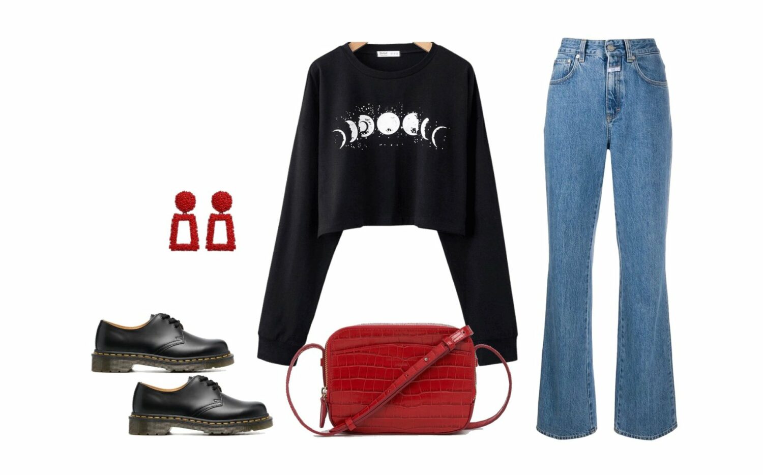 Doc martens, high-waist jeans, long-sleeve tee