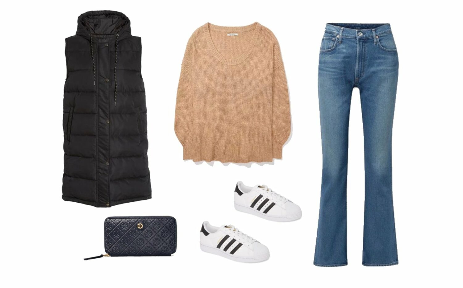 Puffer vest, sweater, dark-wash jeans