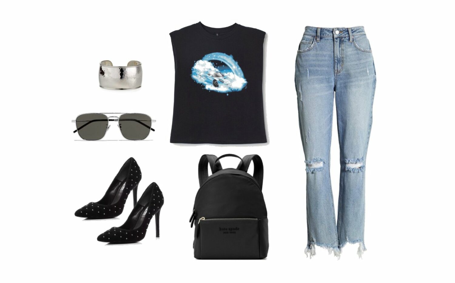 How to wear bootcut jeans - sleeveless tee, pointed-toe heels, light-wash jeans