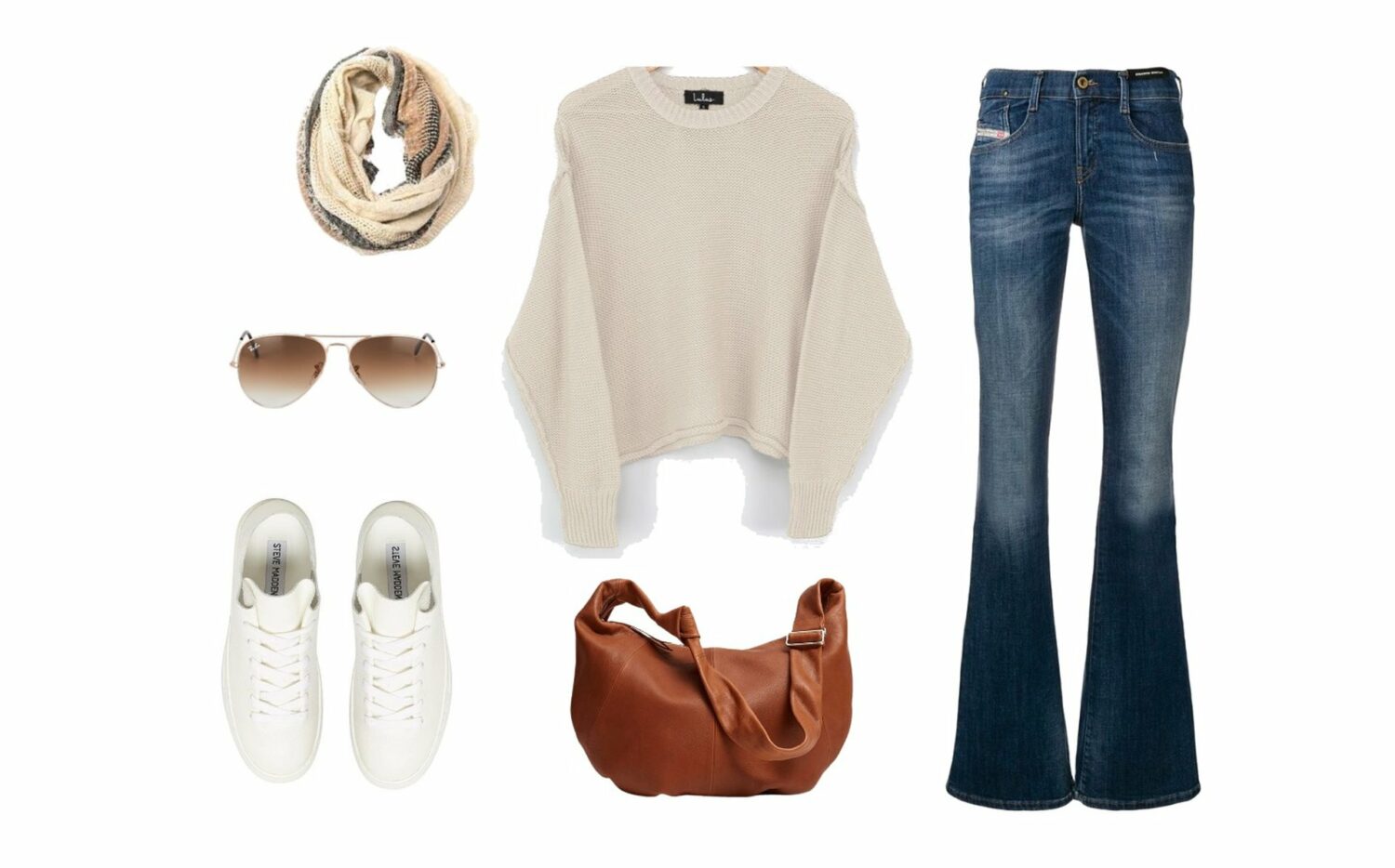 Sweater, infinity scarf, dark washed jeans