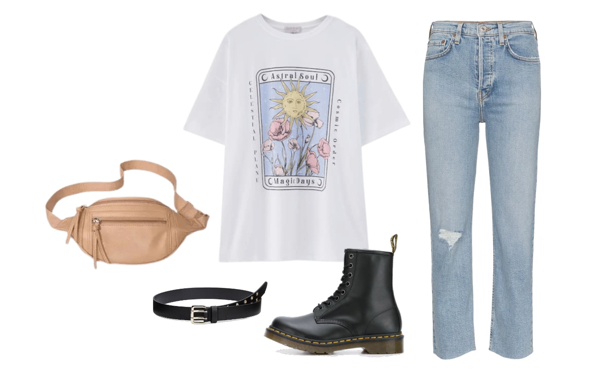 High-waist cropped jeans, graphic t-shirt, fanny pack