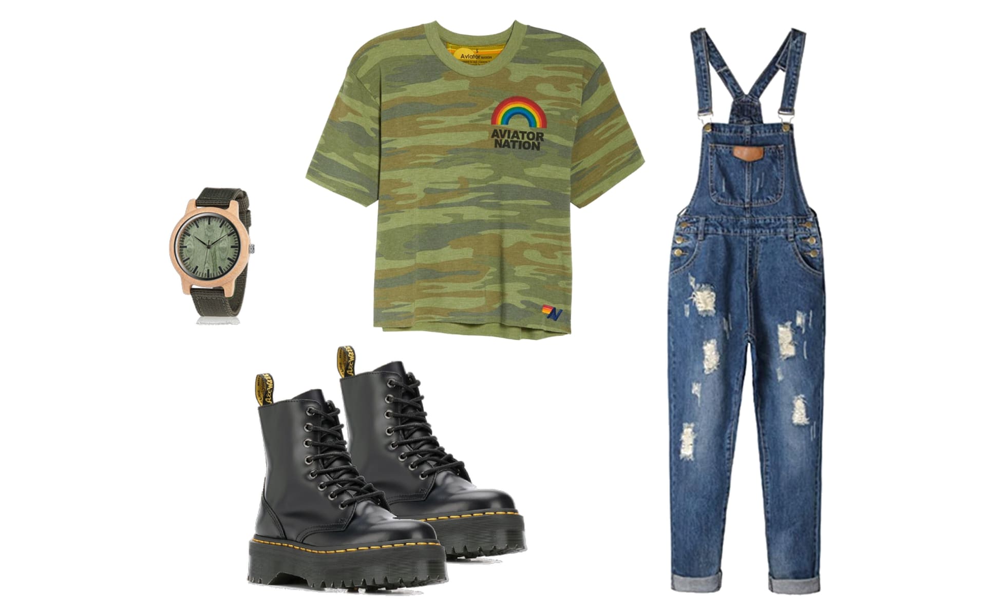 Overalls, camouflage t-shirt