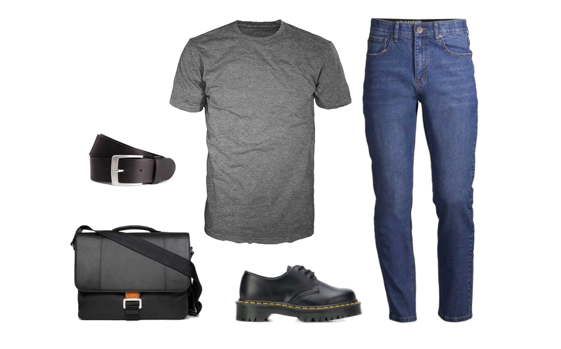 Tucked t-shirt, belted skinny jeans, low-top doc martens