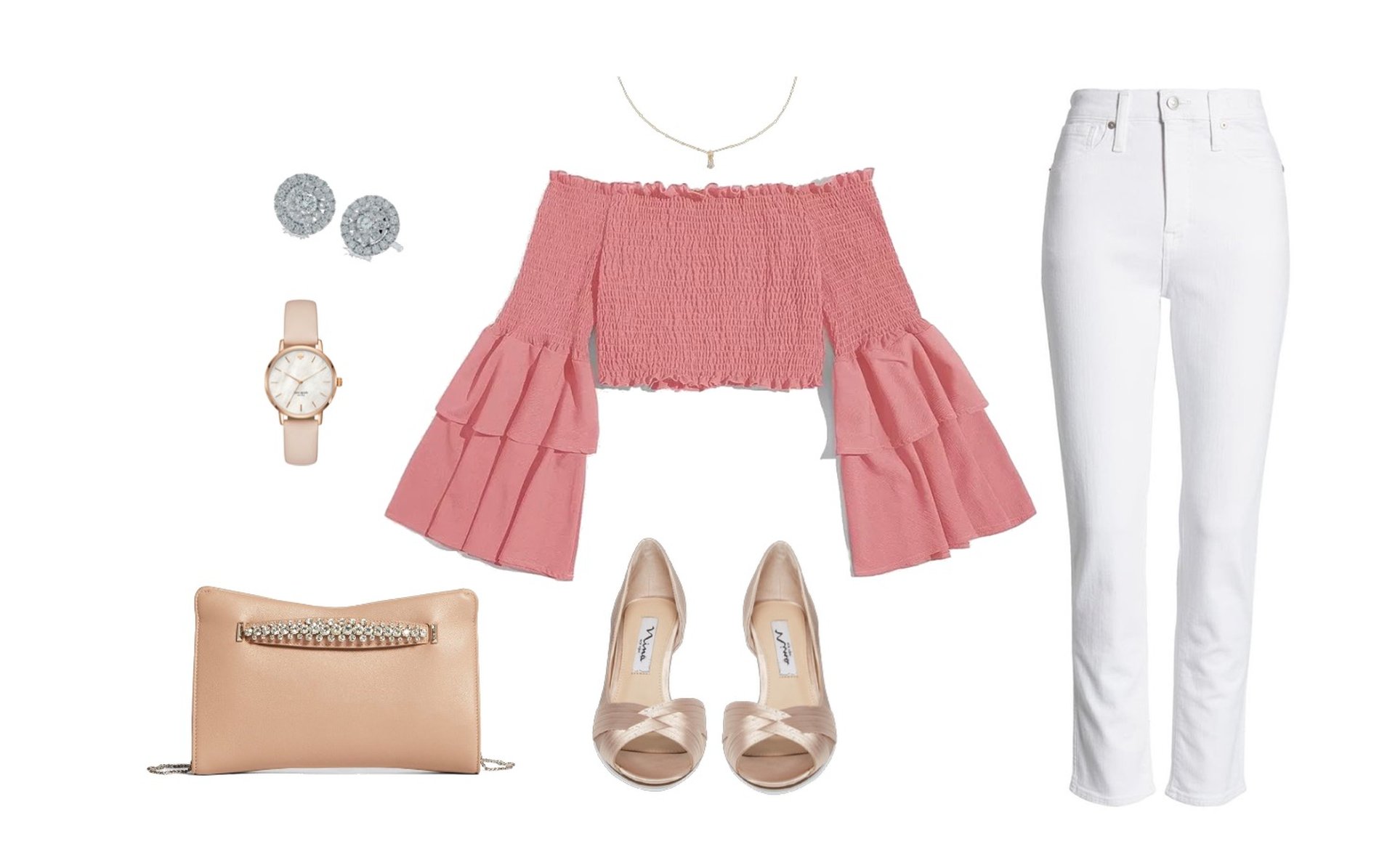 Pink off-shoulder blouse with white jeans