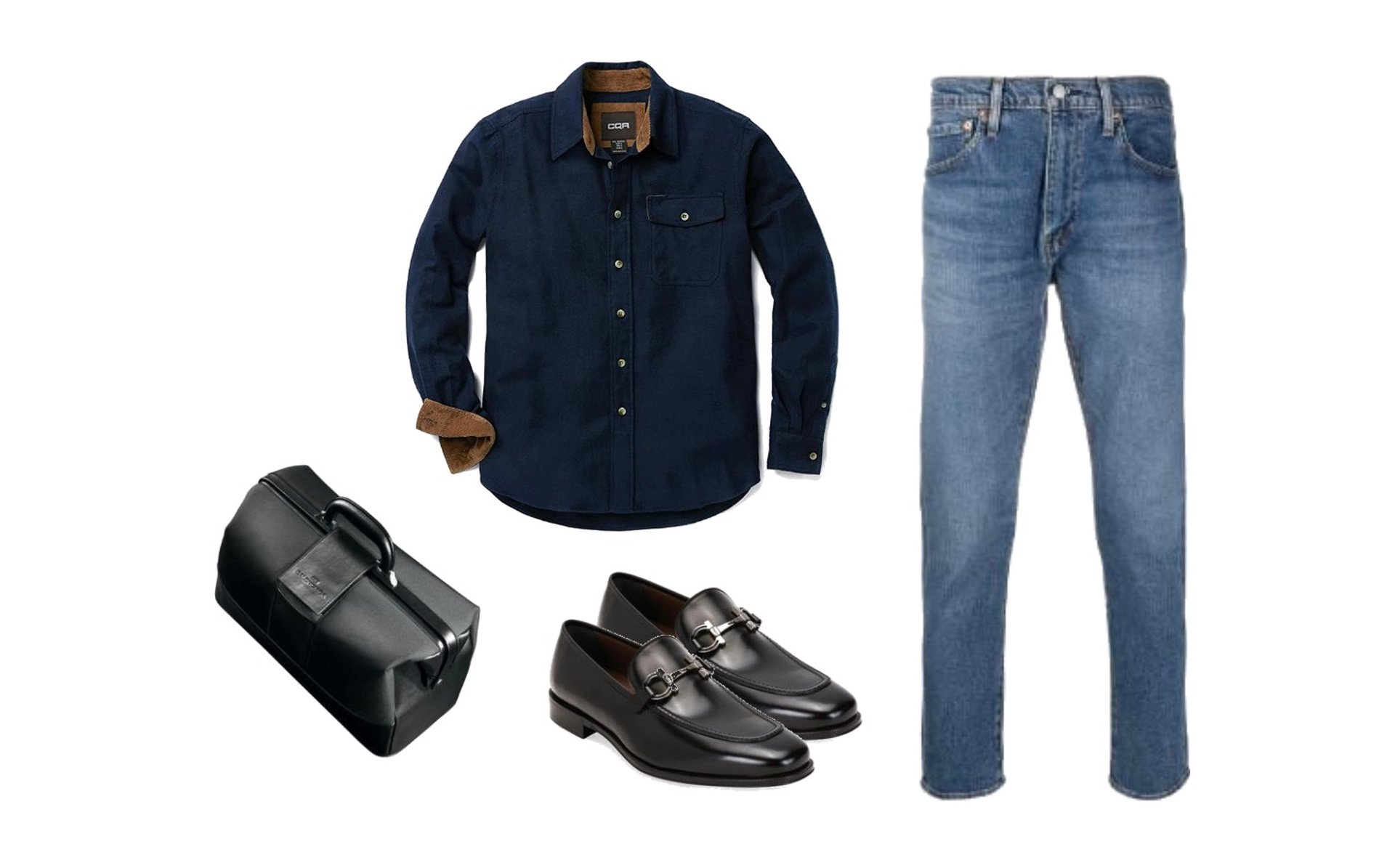 Button-up, jeans, and loafer