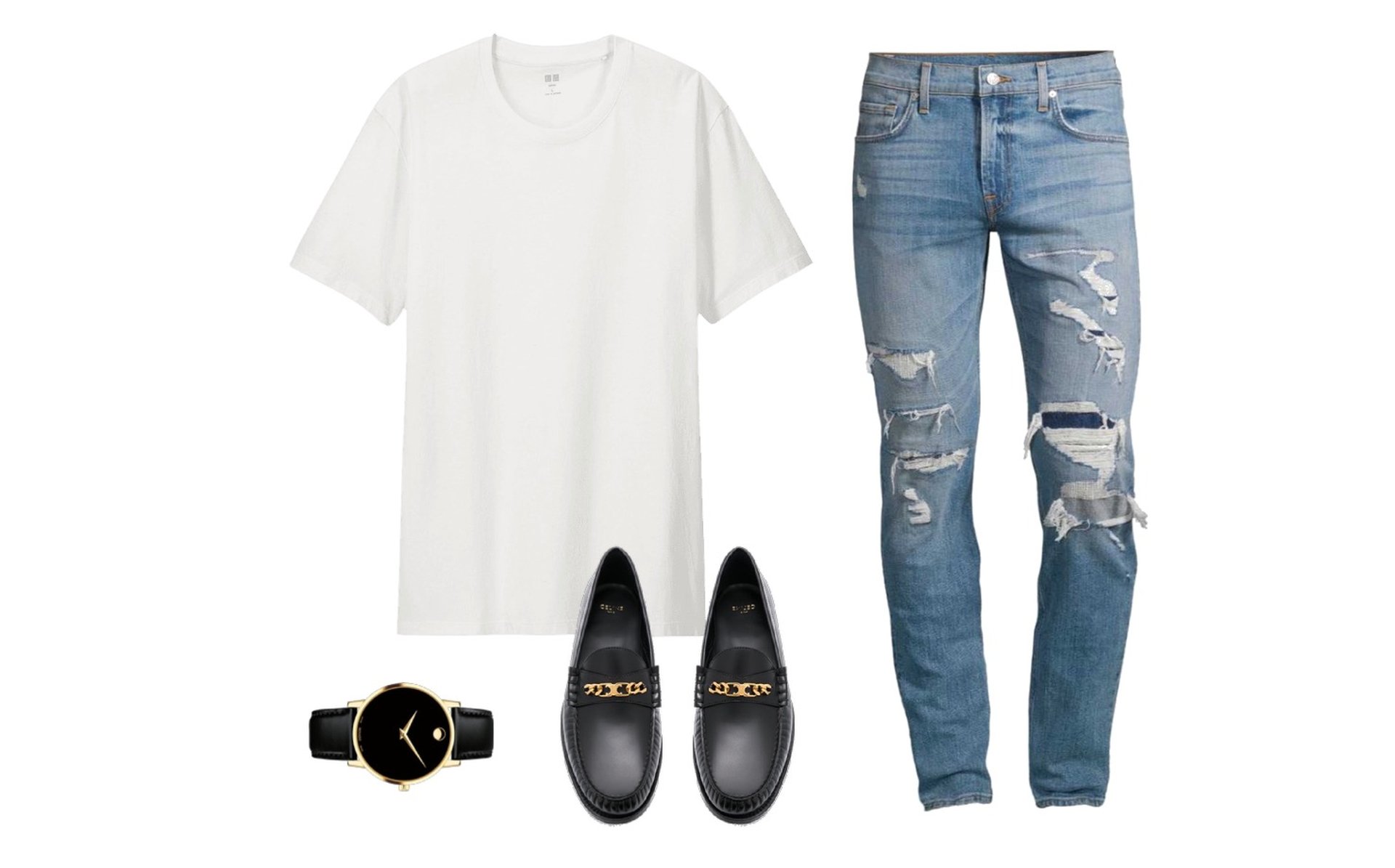 T-shirt, jeans, and loafer for men