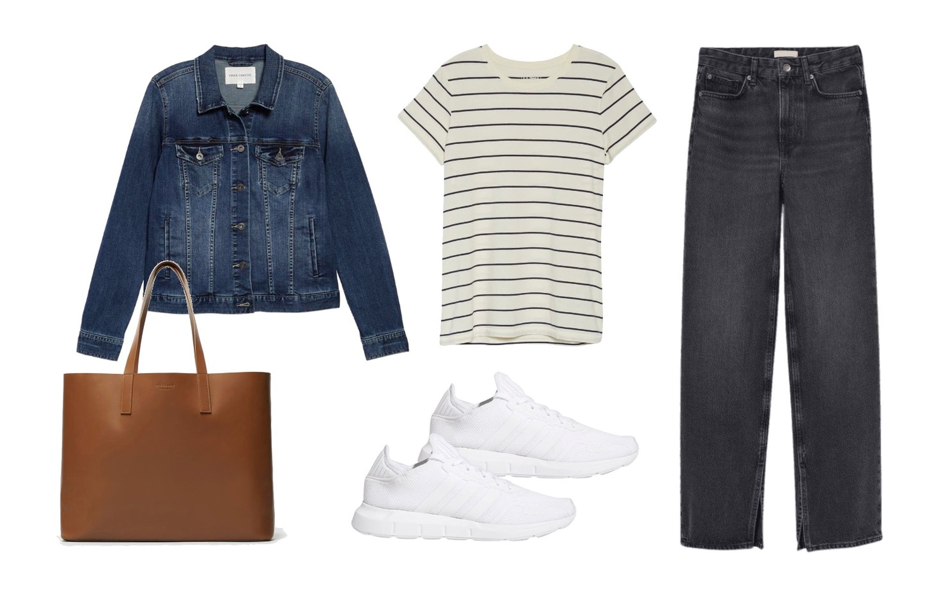 How to wear running shoes with jeans - Blue jean jacket, striped shirt, cropped jeans, double strap tote