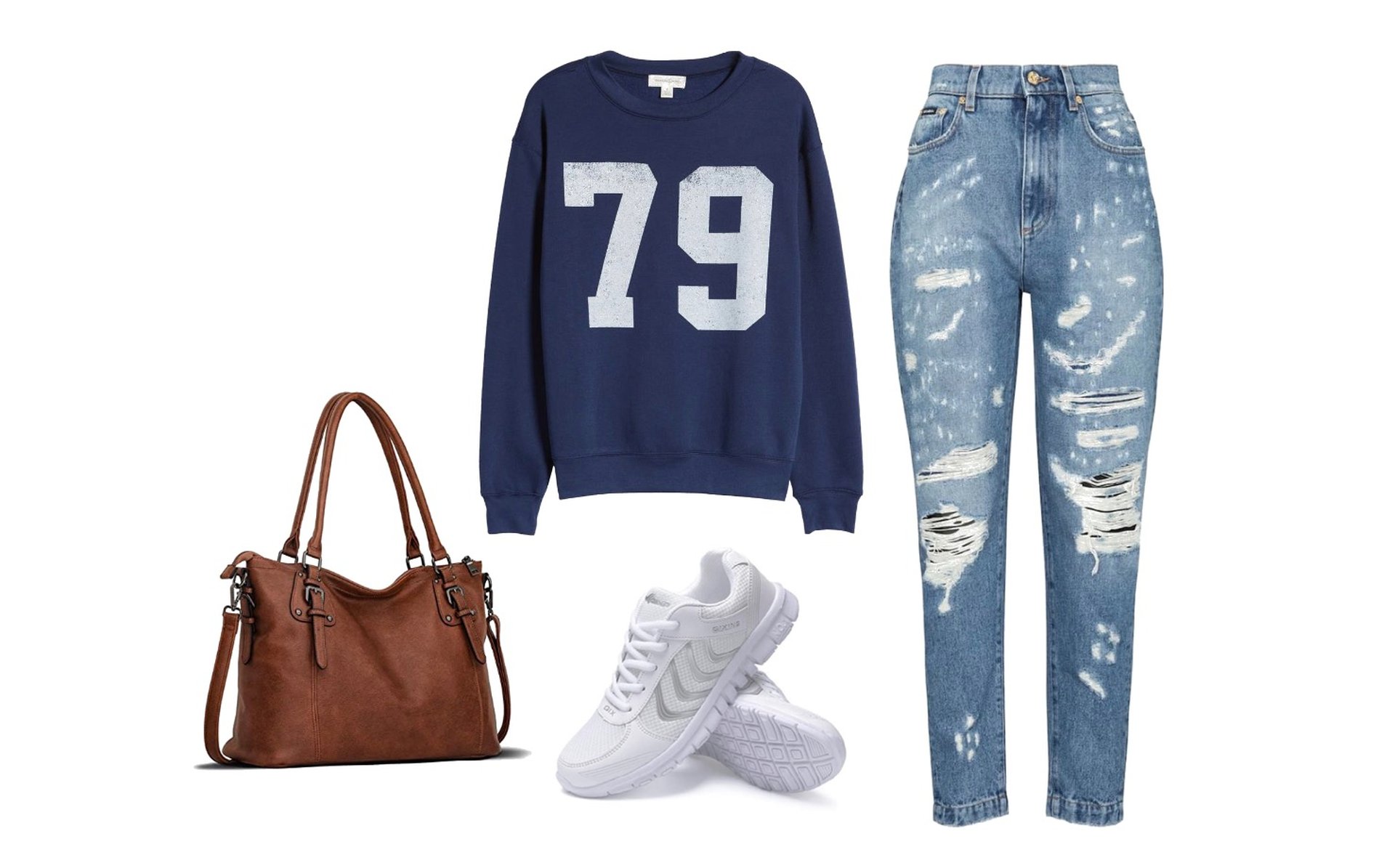 Graphic sweatshirt, distressed denim, convertible tote