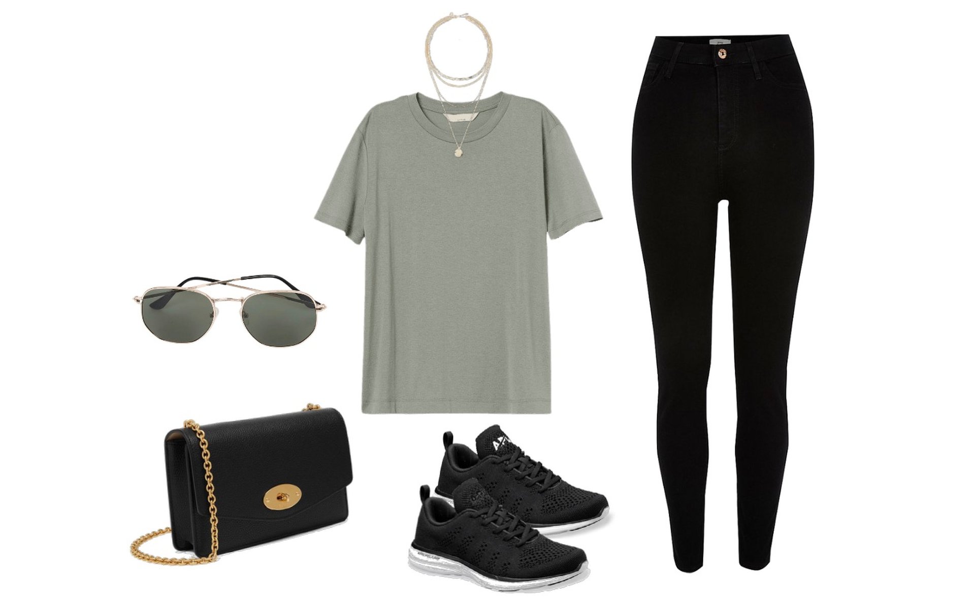 Green t-shirt, black skinny jeans, chain strap bag, stacked necklaces, sunglasses