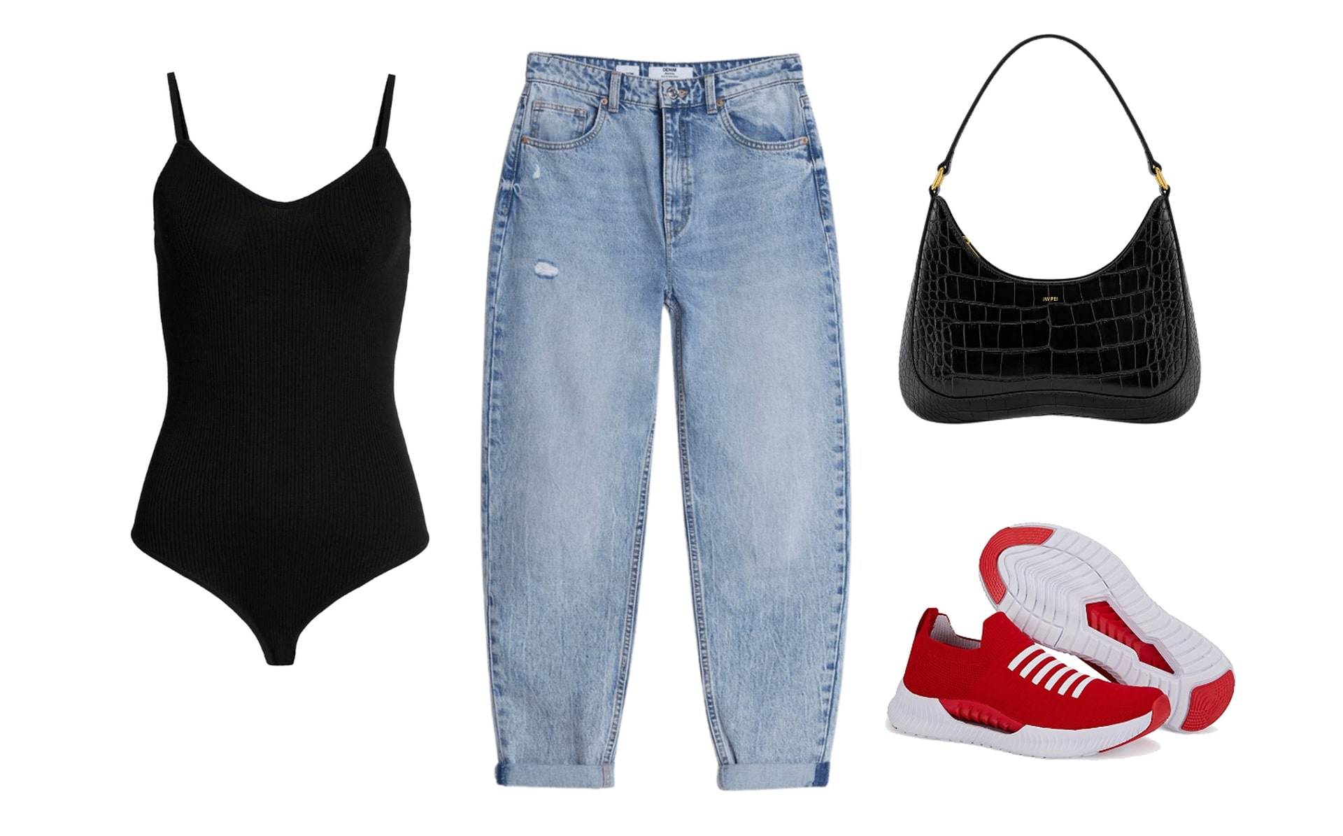 High-waist mom jeans, leotard/One piece, 90’s-style shoulder bag