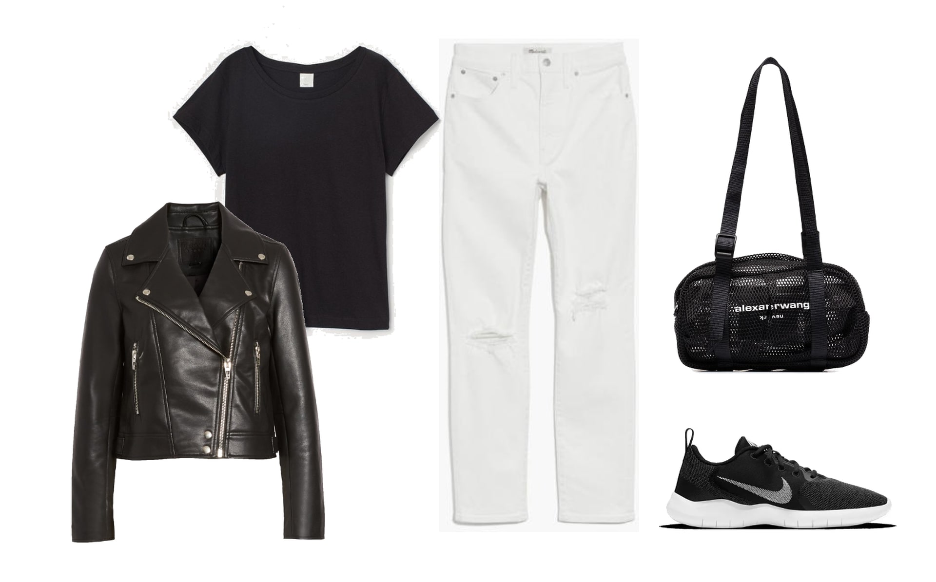 Moto jacket, t-shirt, white cropped jeans, top handle mini duffle