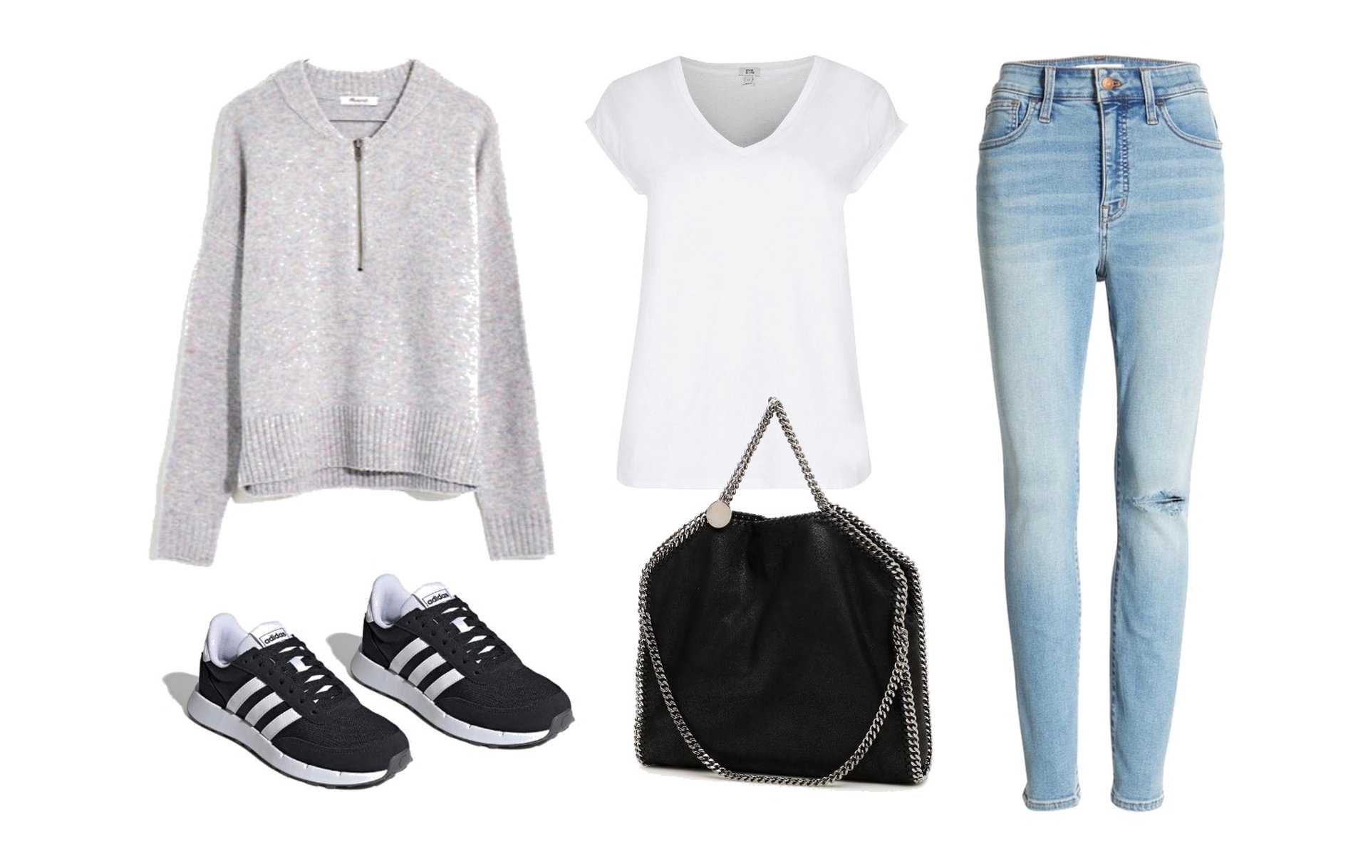 Sweater, white t-shirt, light-washed skinny jeans, structured shoulder carry