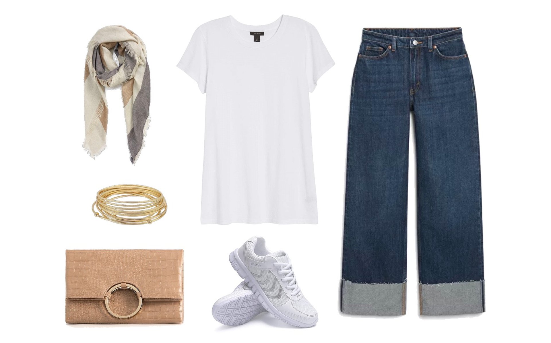 White t-shirt, cuffed dark denim, clutch bag, striped scarf, gold bangles