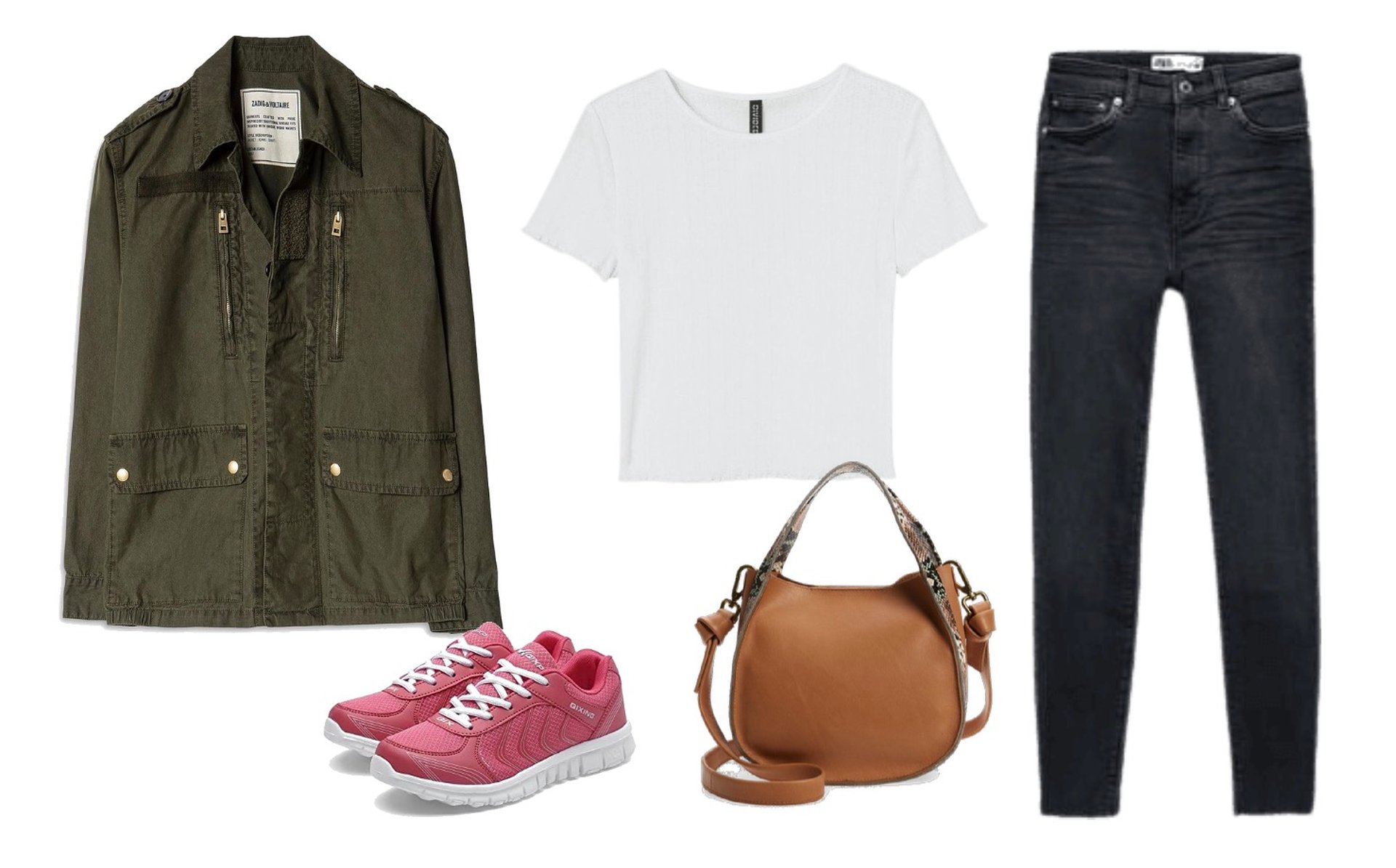 White t-shirt, utility jacket, shoulder strap bag