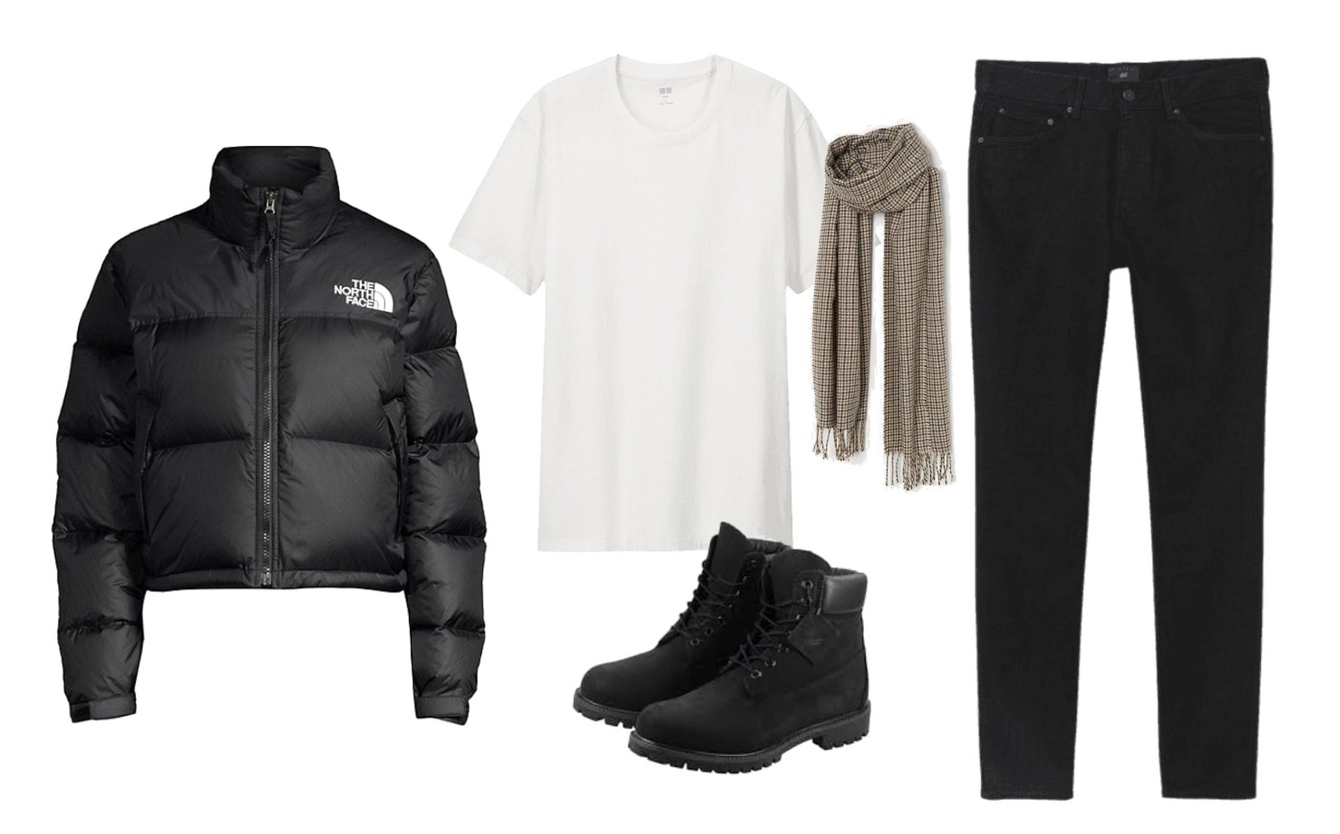 Black jeans, black puffer coat, white t-shirt, scarf