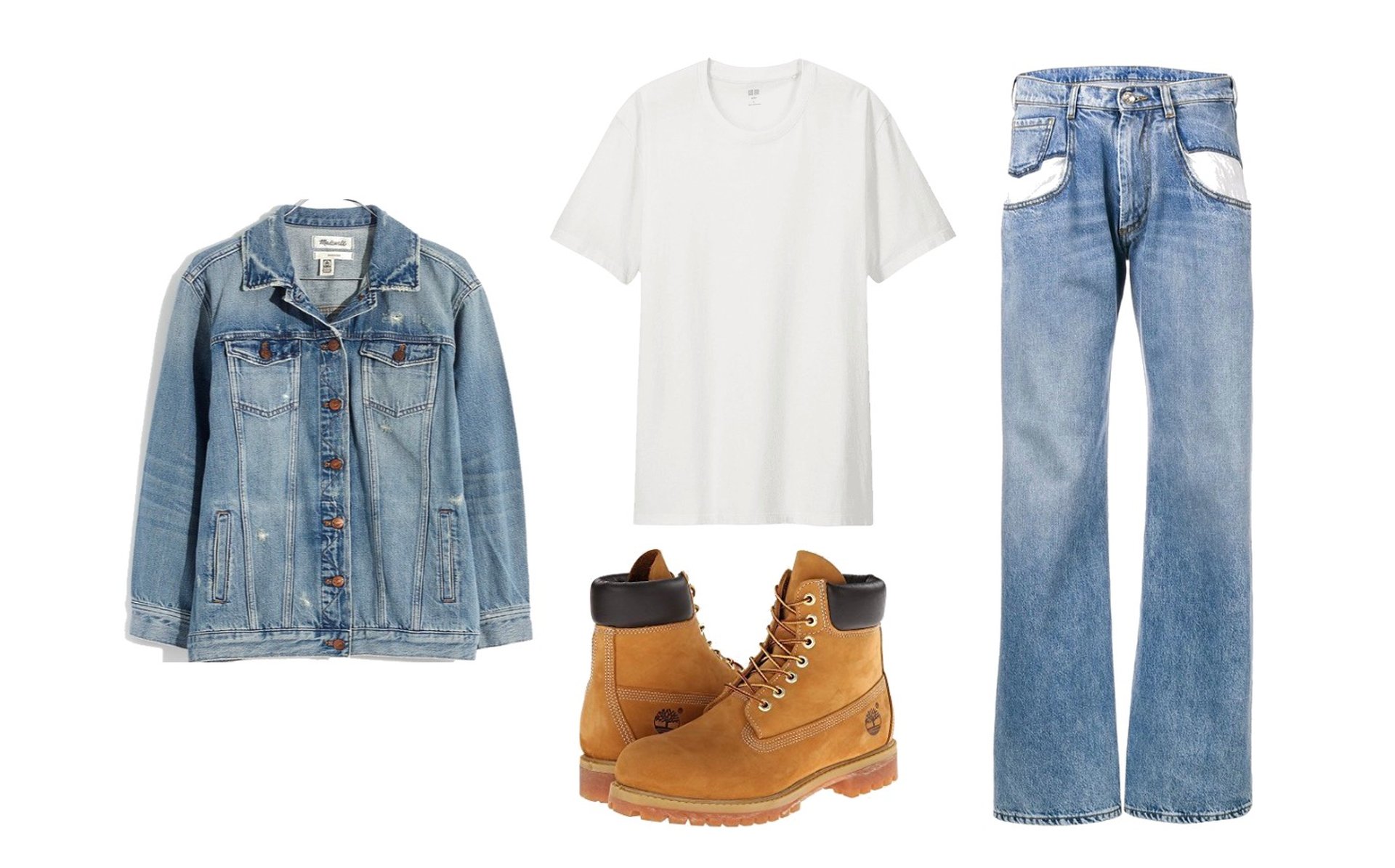 Destroyed boot-cut jeans, jean jacket, t-shirt