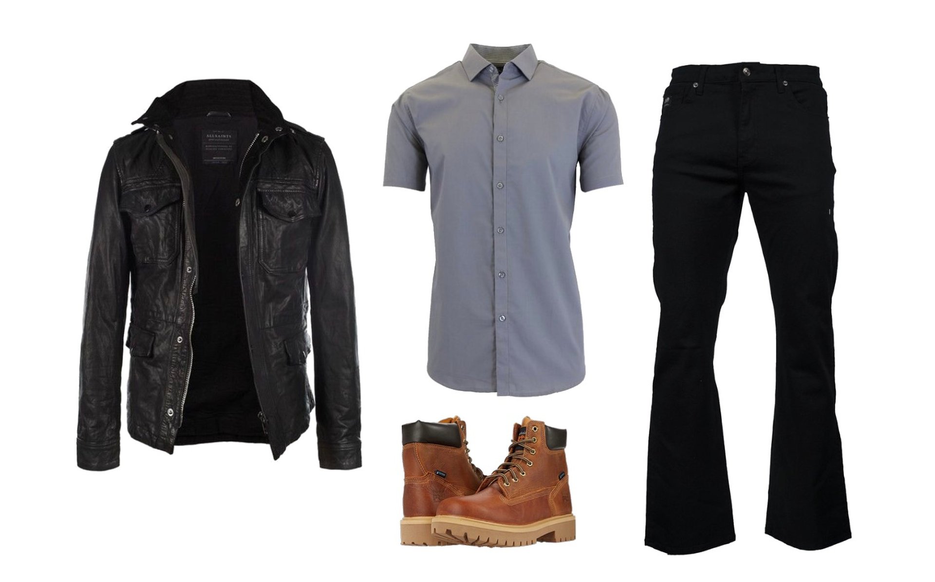 Leather jacket, button-front polo, boot-cut jeans