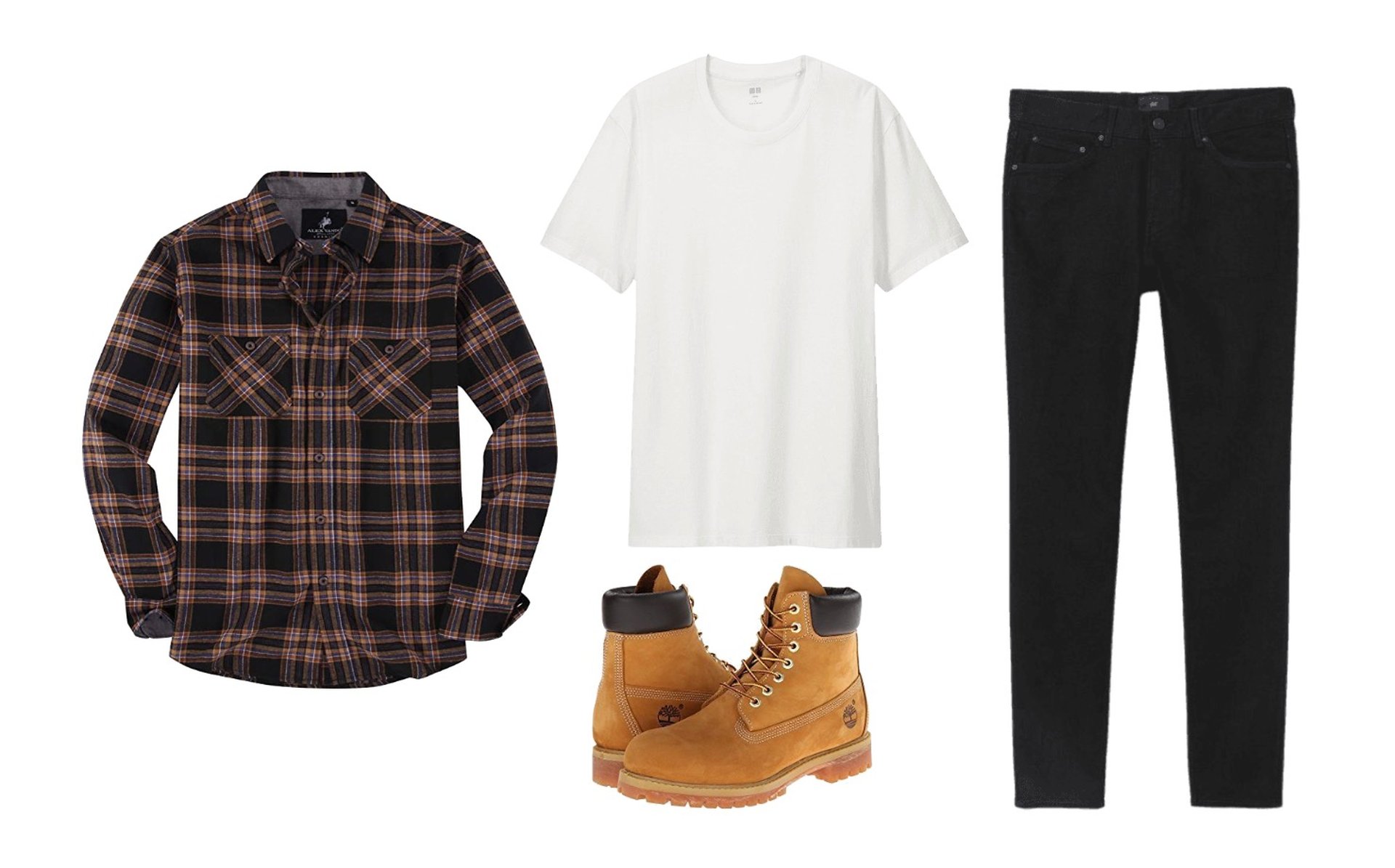 How to wear Timbs with jeans - Long-sleeve flannel, t-shirt, black straight-leg jeans 