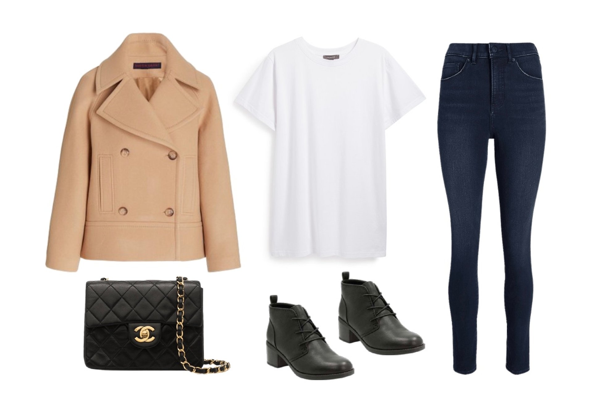 How to wear chukka boots with jeans pea coat, white t-shirt, skinny jeans