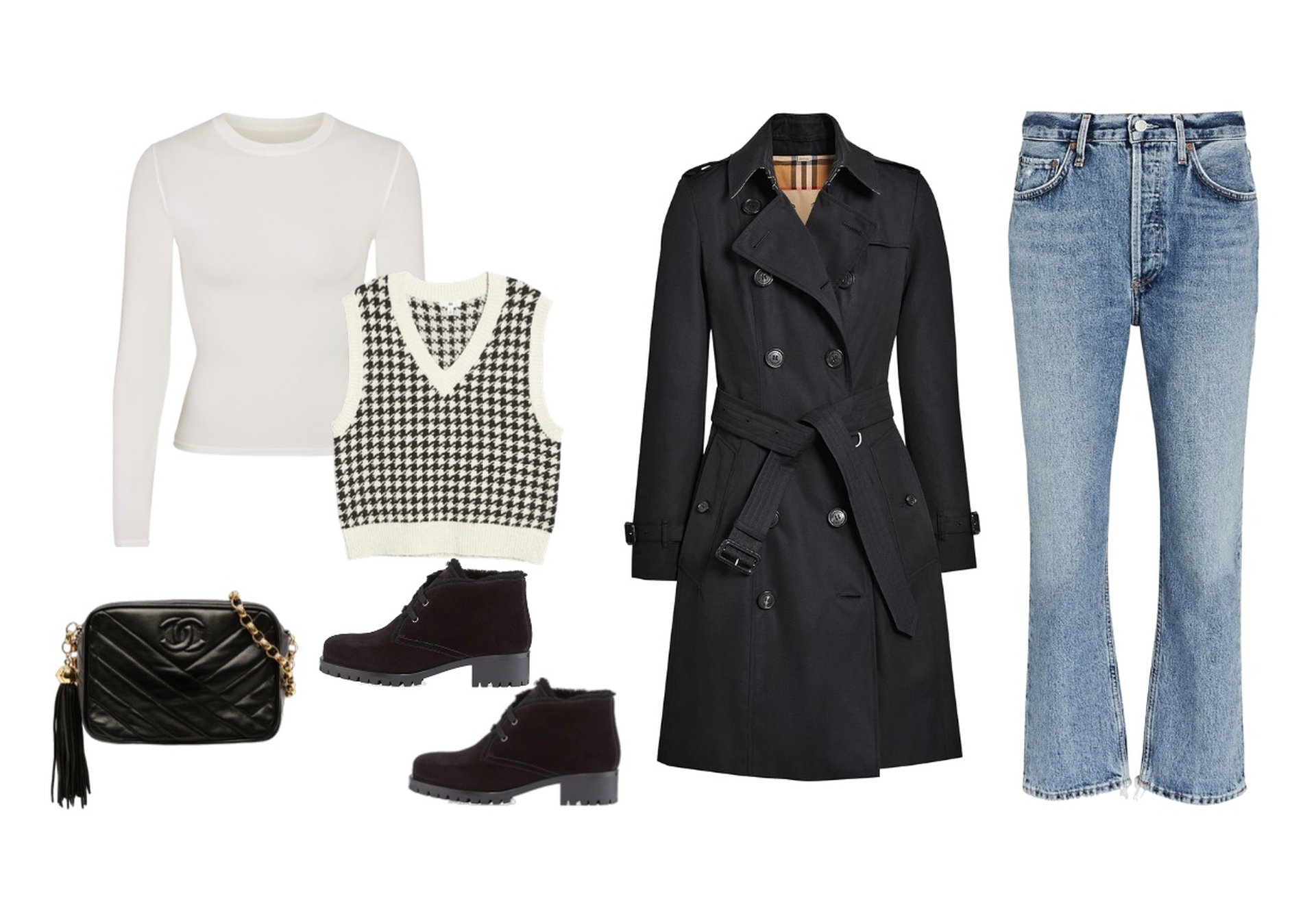 How to wear chukka boots with jeans trench coat, sweater vest, t-shirt, cropped jeans