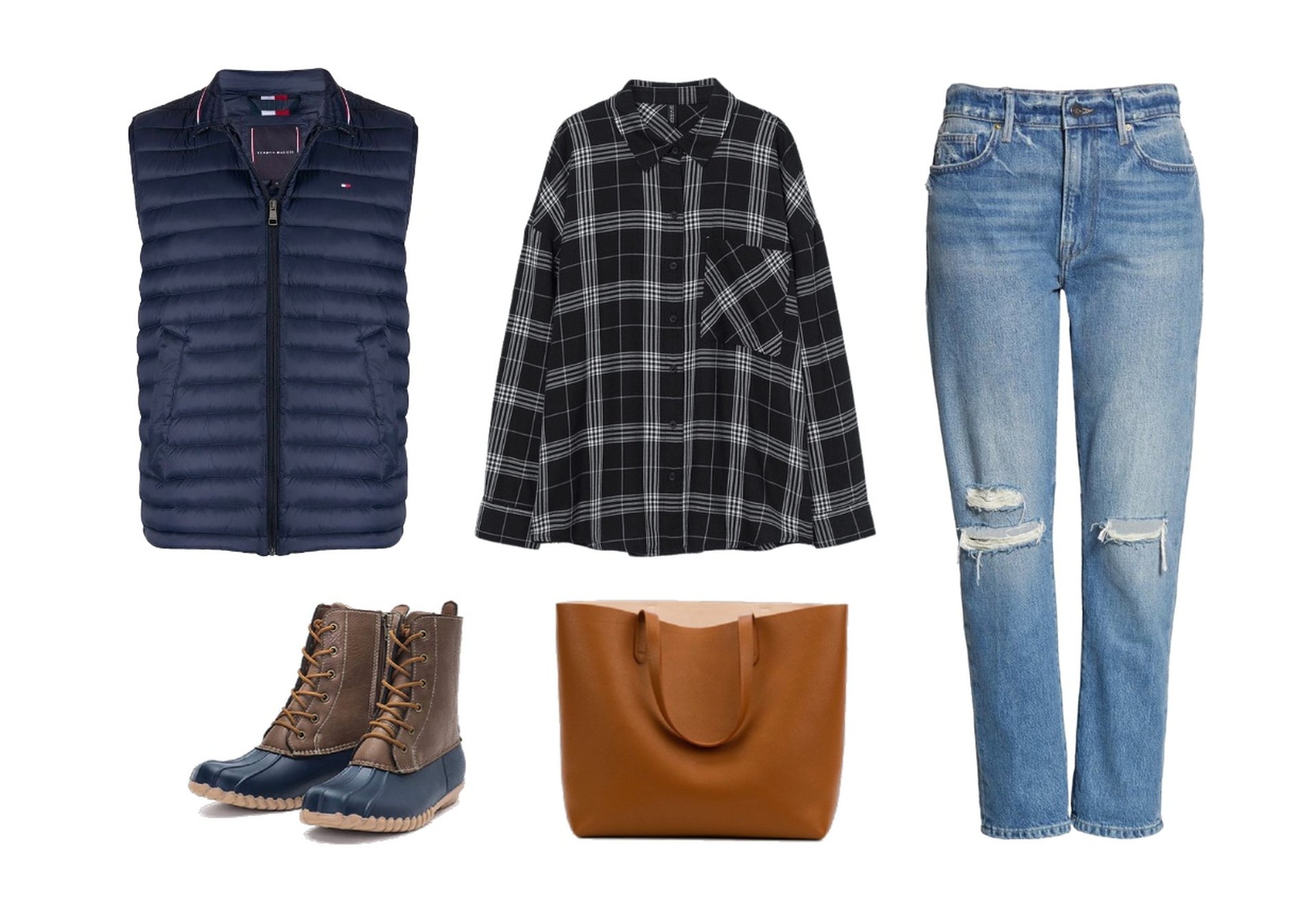 Blue puffer vest, plaid button up, cropped jeans