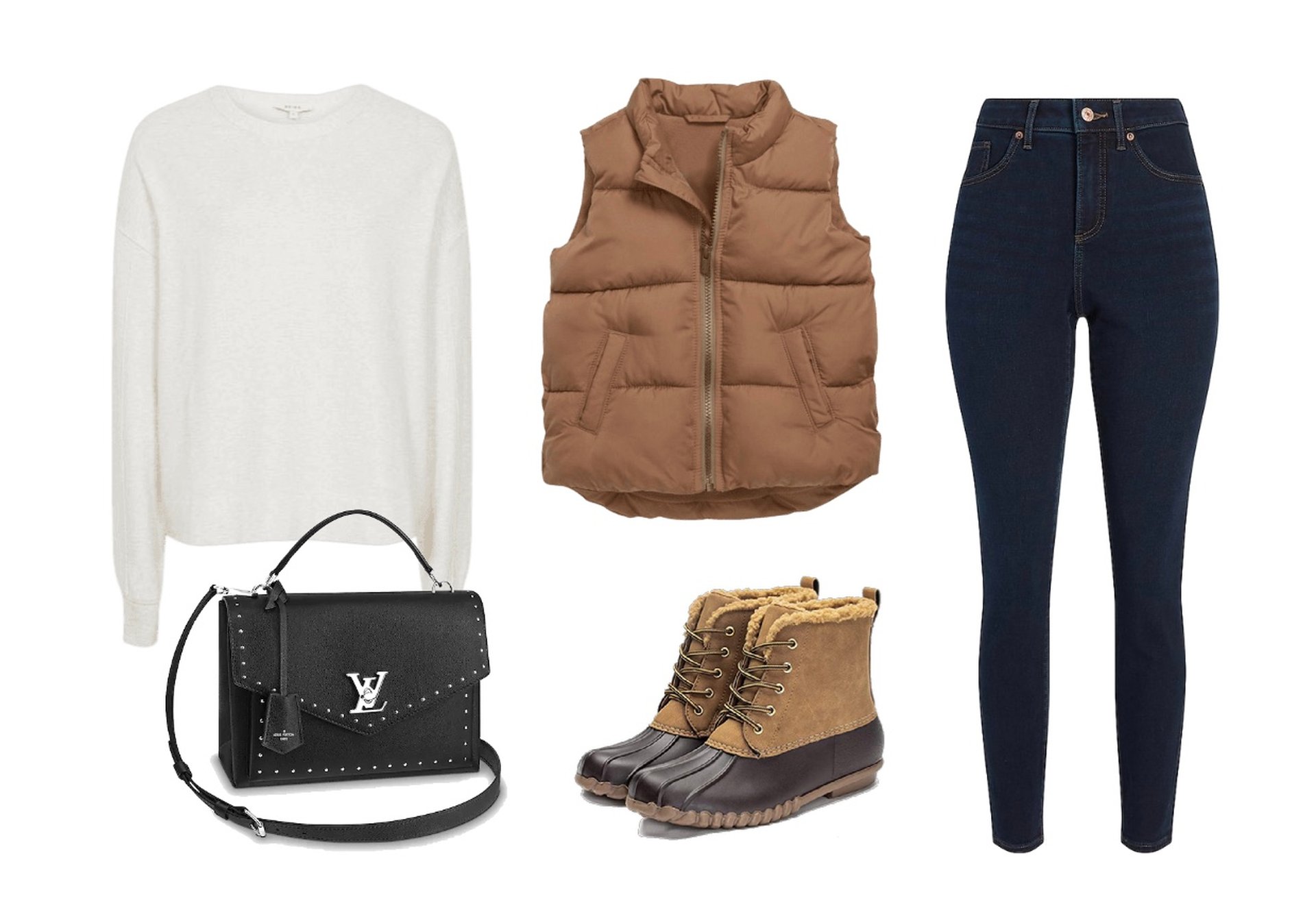 Brown puffer vest, sweater, skinny jeans