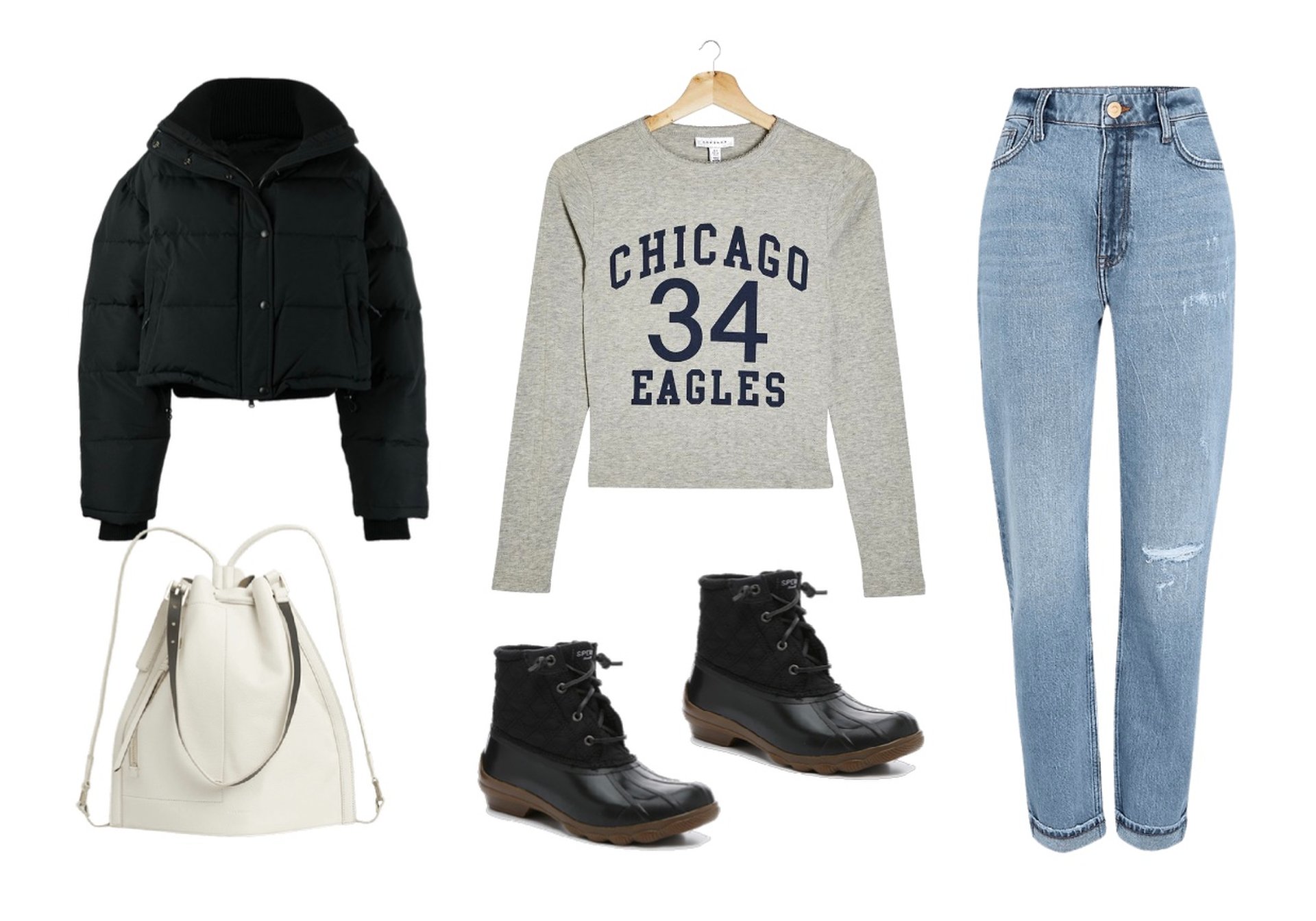 How to wear duck boots with jeans mom jeans, puffer jacket, graphic t-shirt