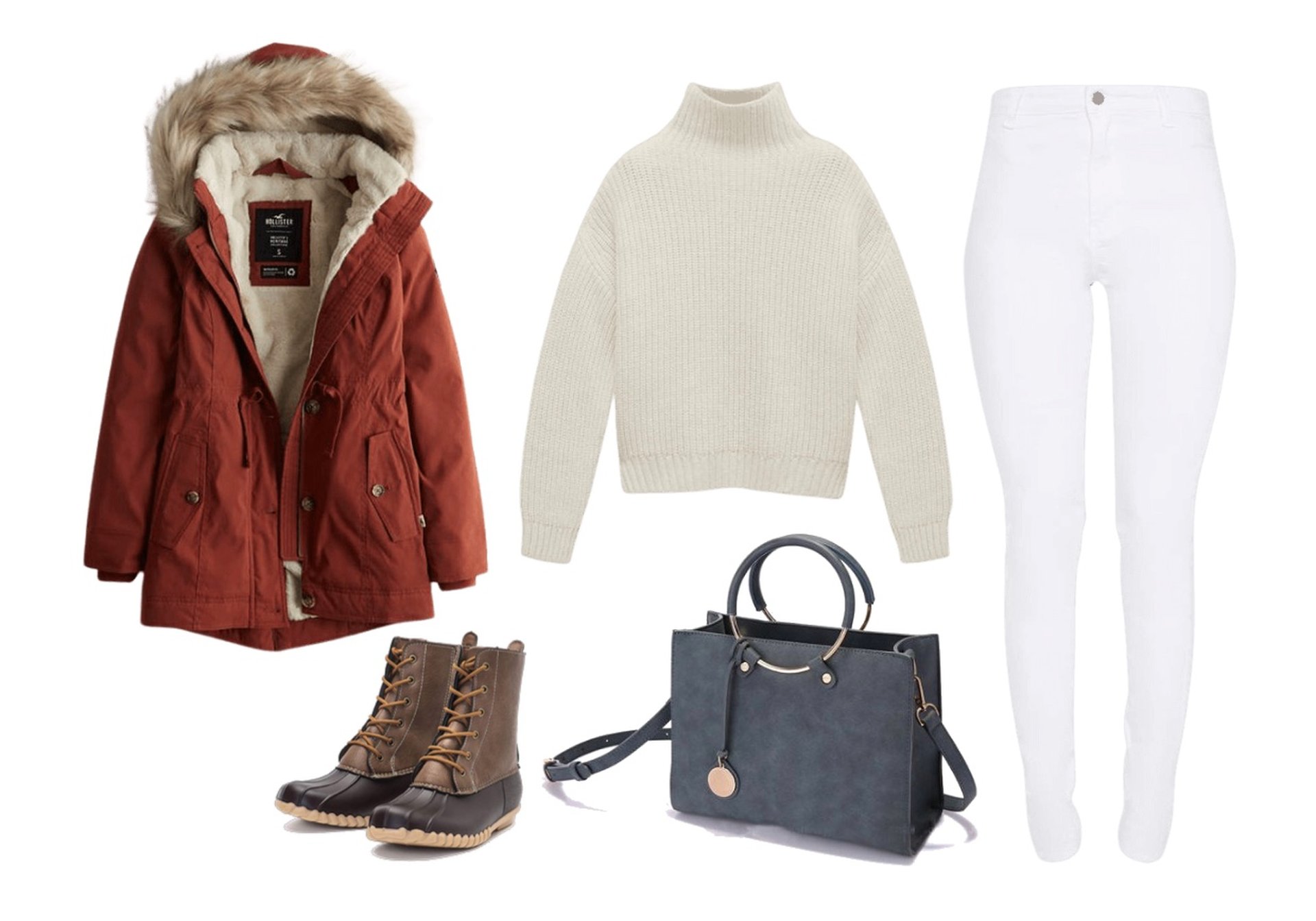 How to wear duck boots with jeans white skinny jeans, sweater, parka coat