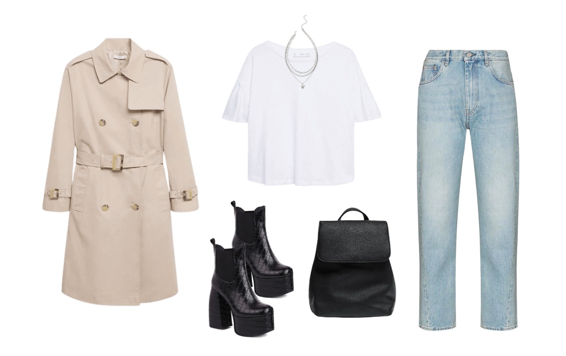 How to wear mid calf boots with jeans - cropped jeans, white t-shirt and trench coat