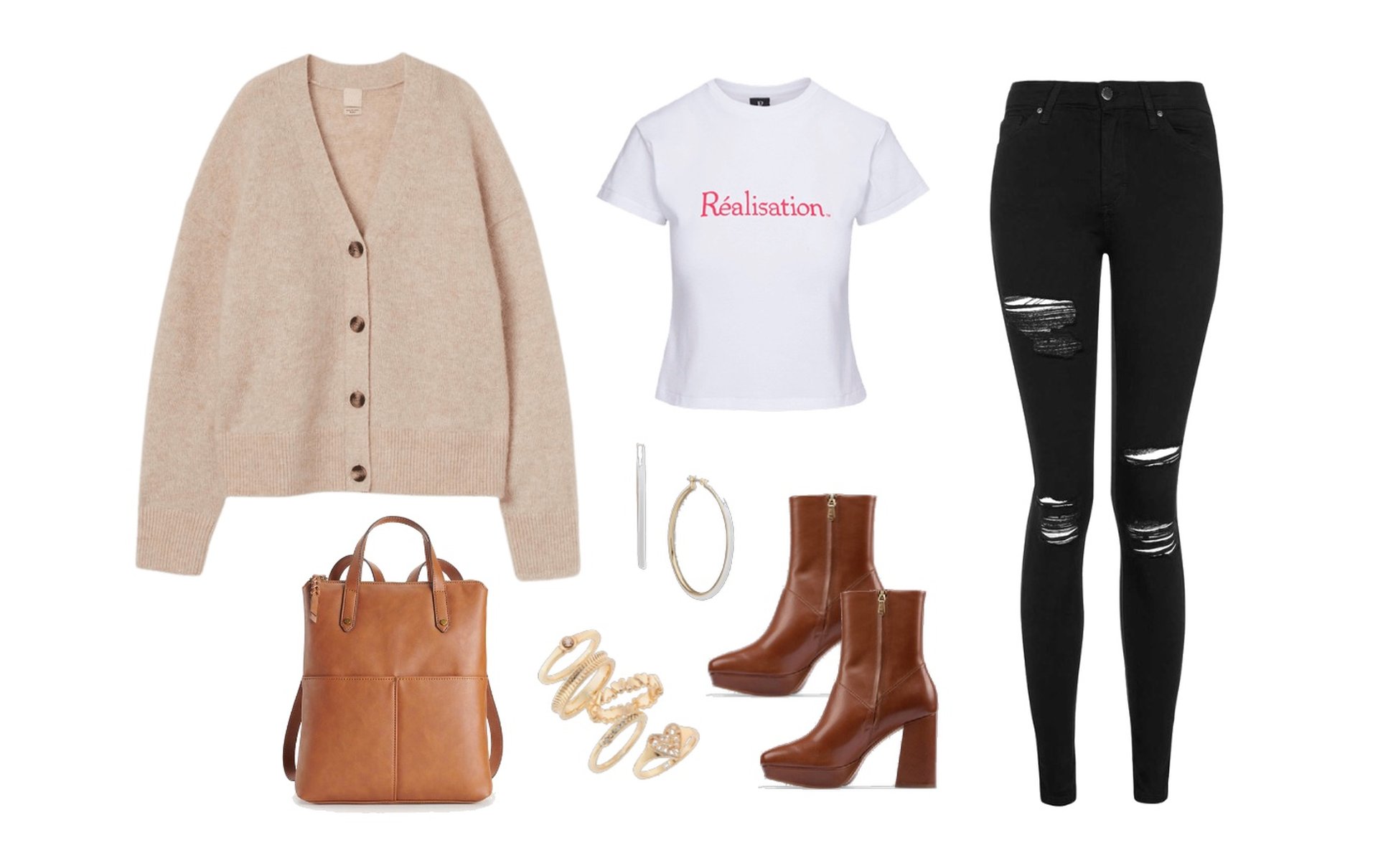 How to wear mid calf boots with jeans - destroyed skinny jeans, white tee and cardigan