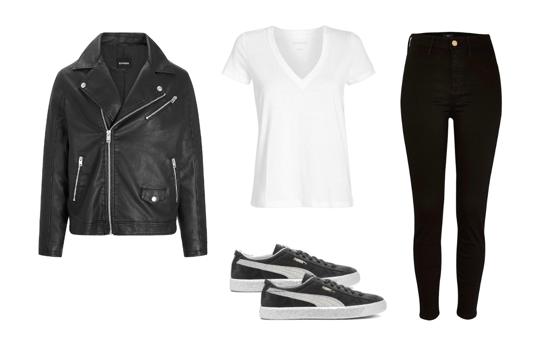 Black jeans, white t-shirt, and jacket